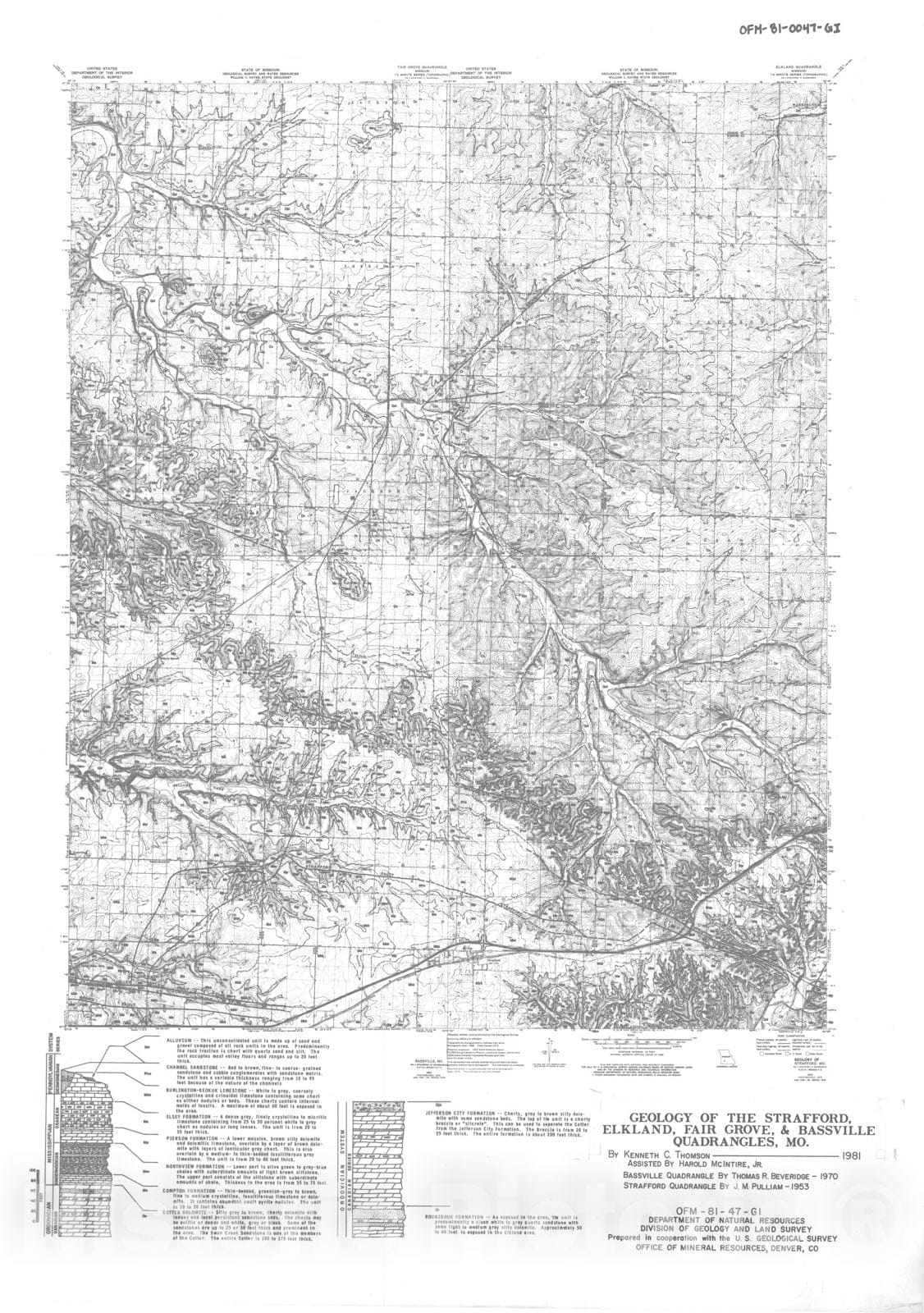 Map : Geology of the Strafford, Elkland, Fair Grove and Bassville seven 1/2' quadrangles, Missouri, 1981 Cartography Wall Art :