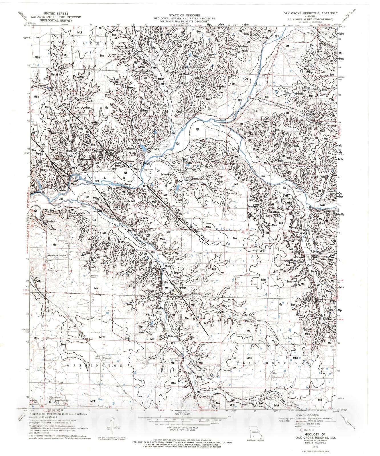 Map : Geology of the Oak Grove Heights seven 1/2' quadrangle, Missouri, 1981 Cartography Wall Art :