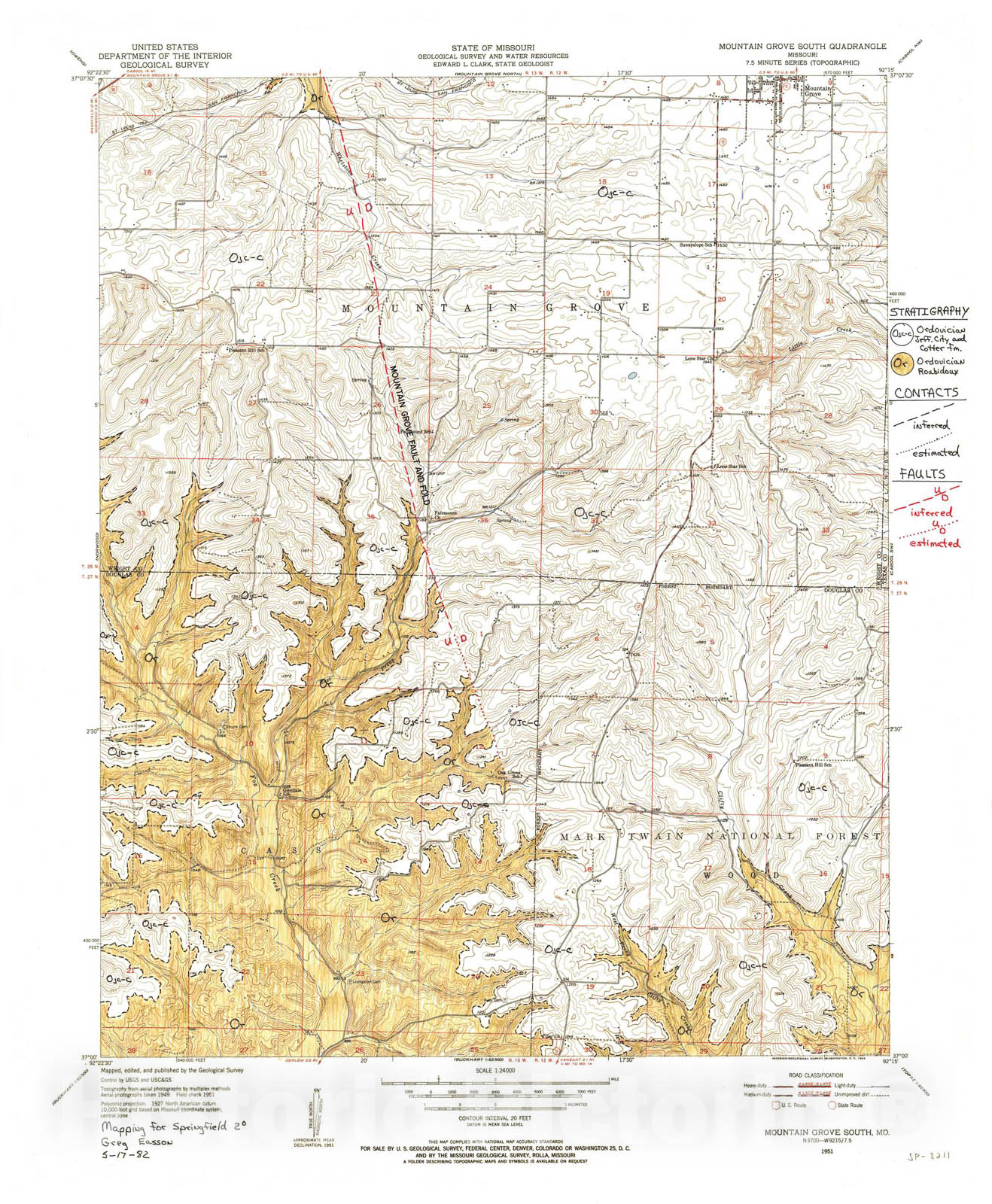 Map : Geologic map of the Mountain Grove South seven 1/2' quadrangle, Missouri, 1982 Cartography Wall Art :