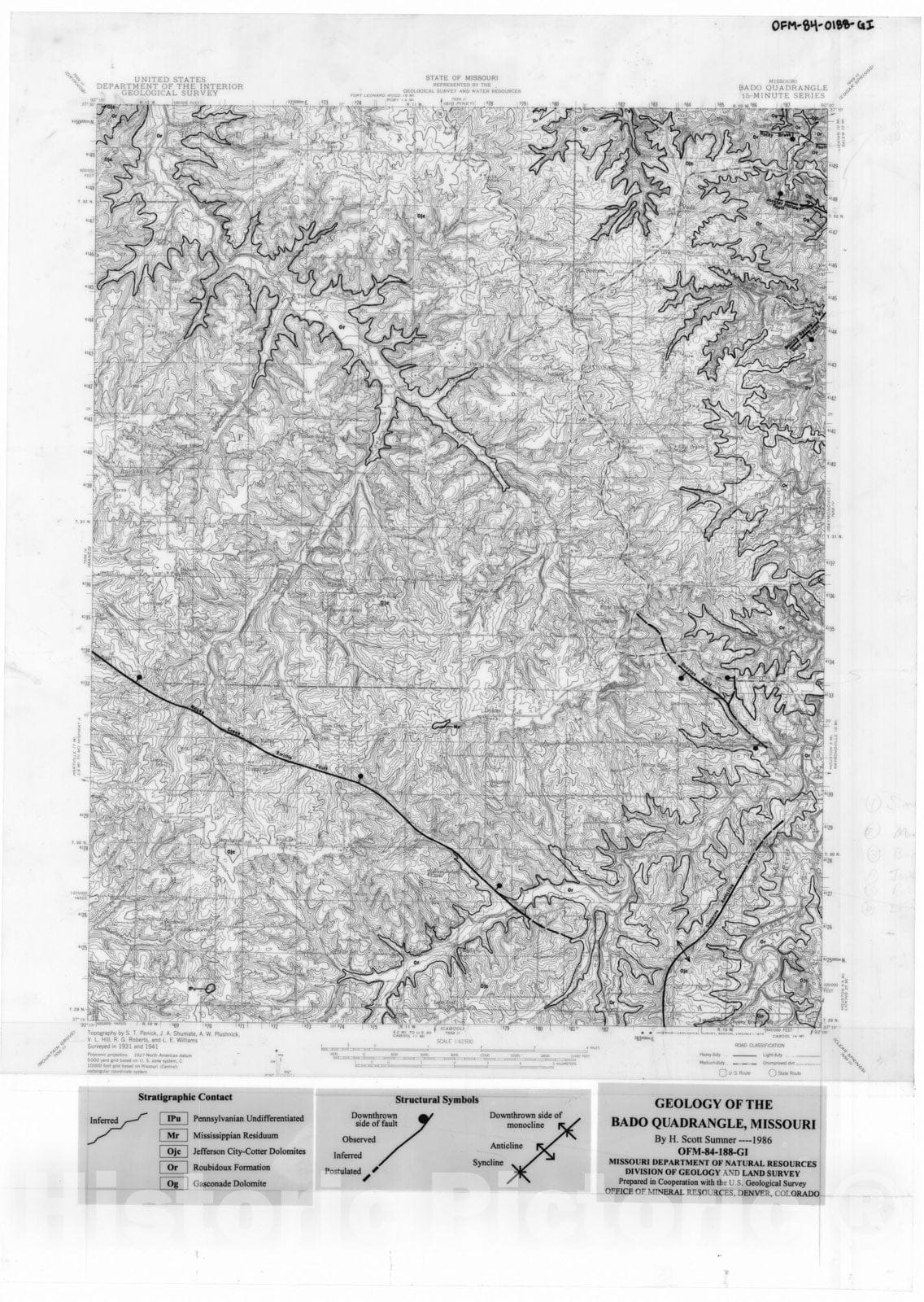 Map : Geologic map of the Bado 15' quadrangle, Missouri, 1986 Cartography Wall Art :