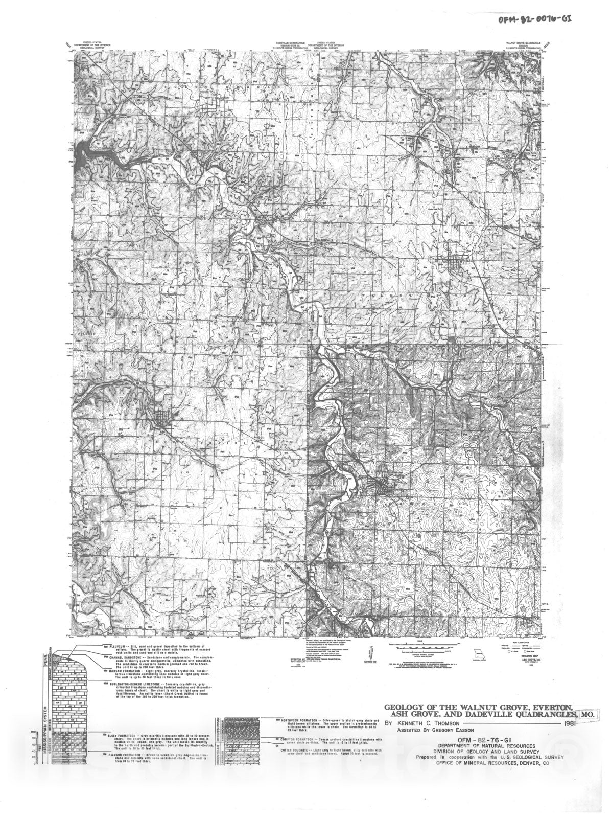 Map : Geology of the Walnut Grove, Everton, Ash Grove and Dadeville seven 1/2' quadrangles, Missouri, 1982 Cartography Wall Art :