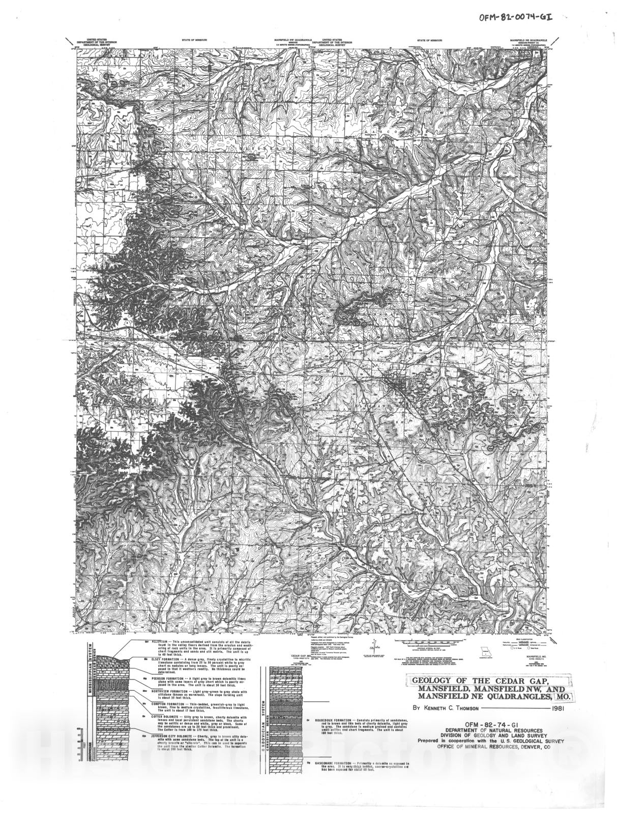 Map : Geology of the Cedar Gap, Mansfield, Mansfield NW and Mansfield NE seven 1/2' quadrangles, Missouri, 1982 Cartography Wall Art :