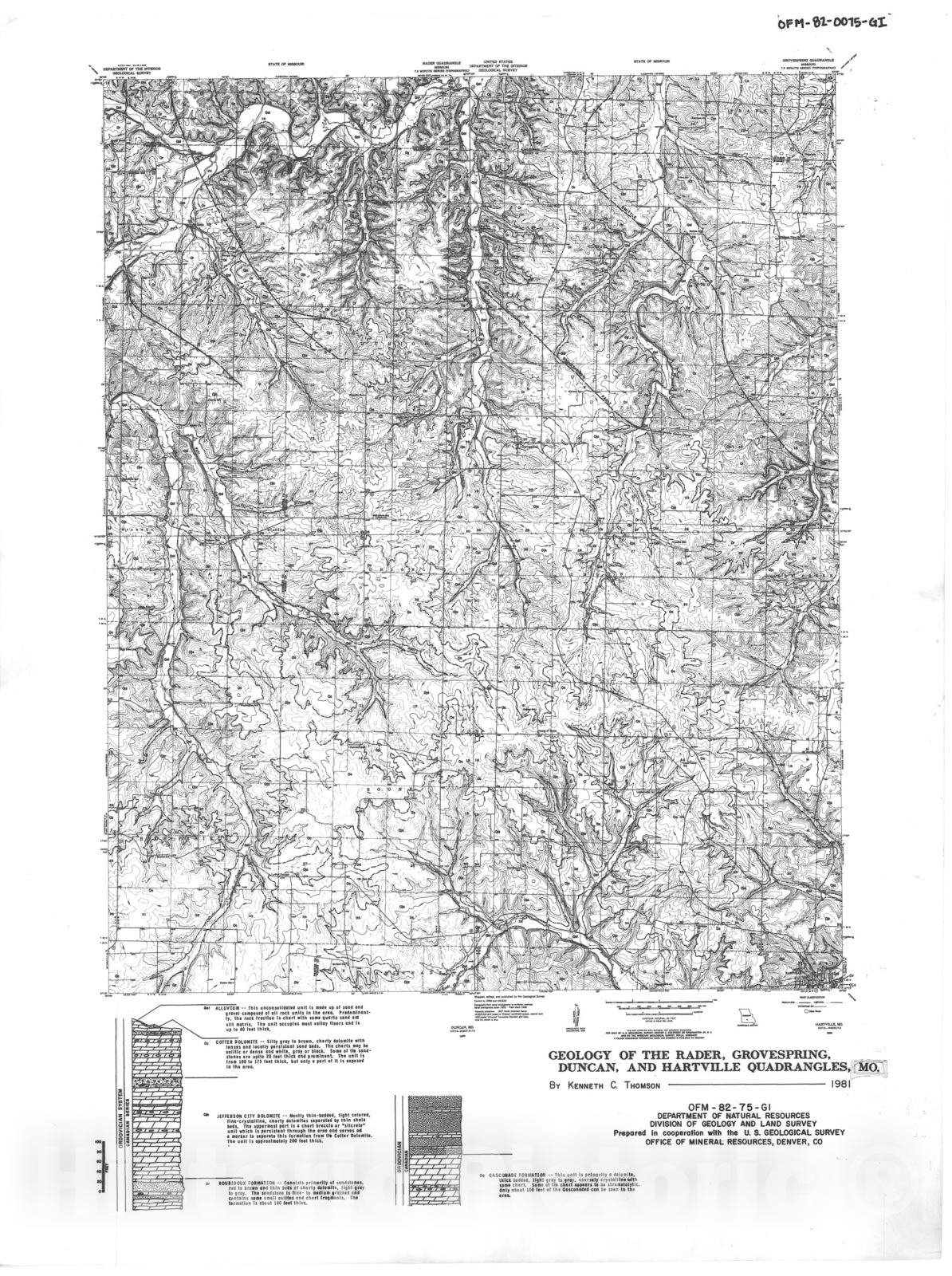 Map : Geology of the Rader, Grove Spring, Duncan and Hartville seven 1/2' quadrangles, Missouri, 1982 Cartography Wall Art :