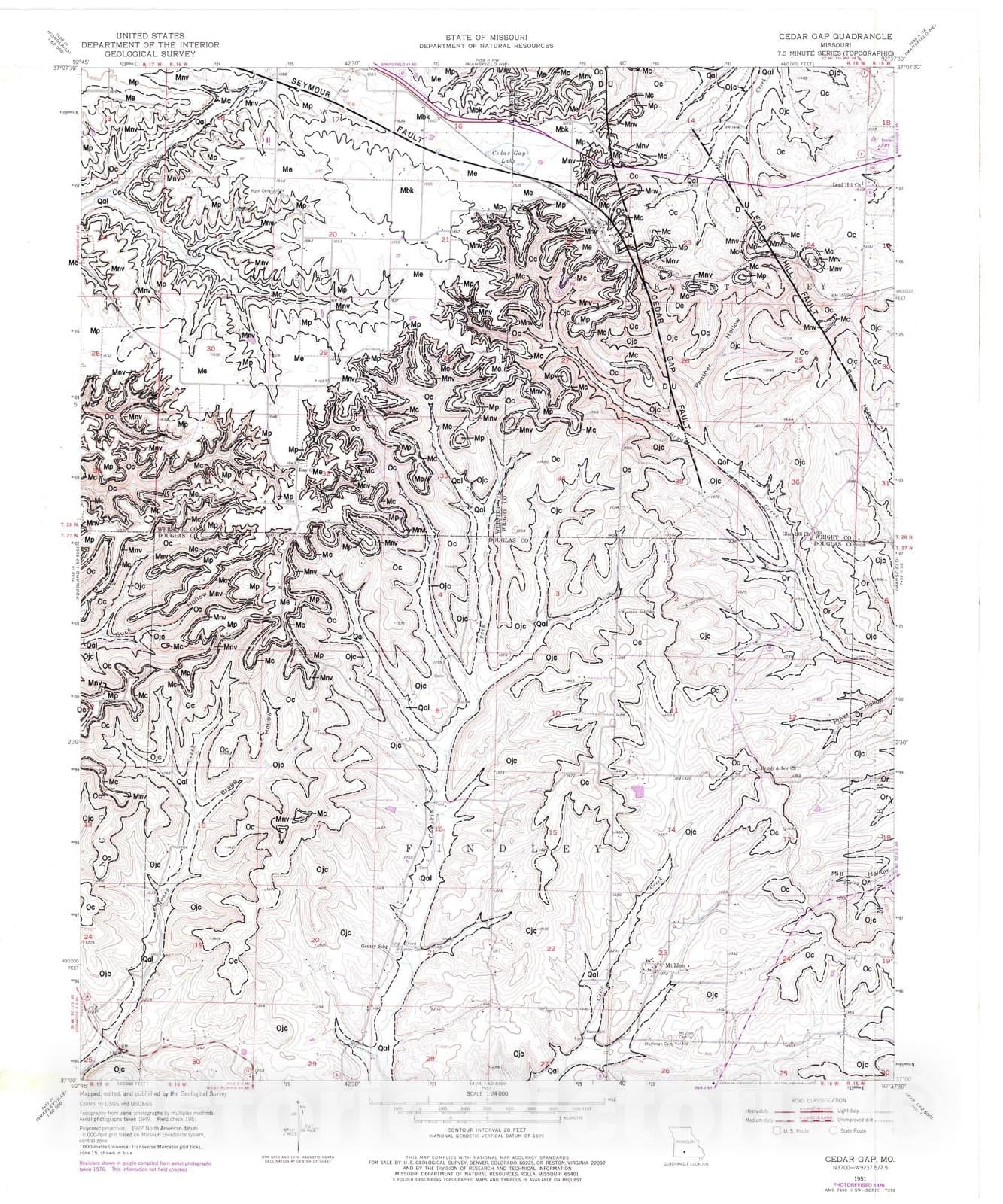 Map : Geologic map of the Cedar Gap seven 1/2' quadrangle, Missouri, 1982 Cartography Wall Art :