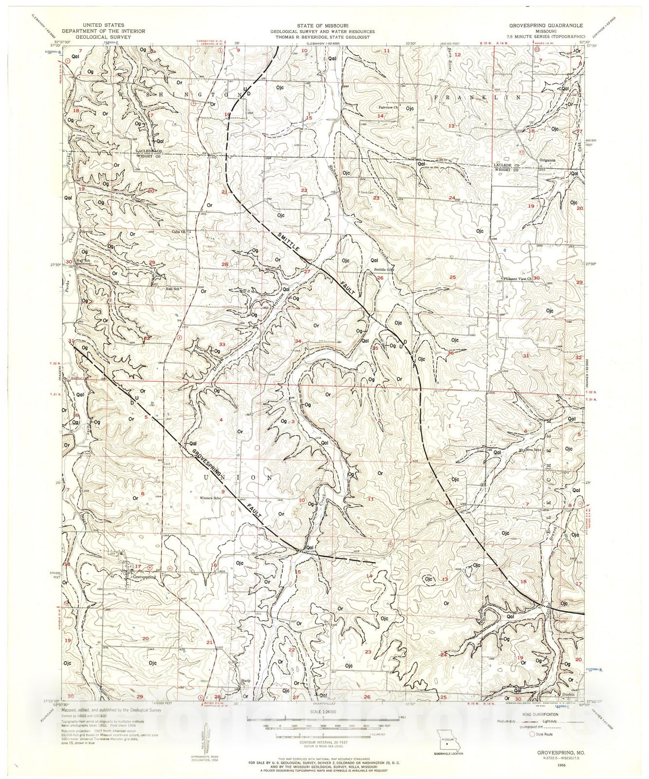 Map : Geologic map of the Grovespring seven 1/2' quadrangle, Missouri, 1982 Cartography Wall Art :