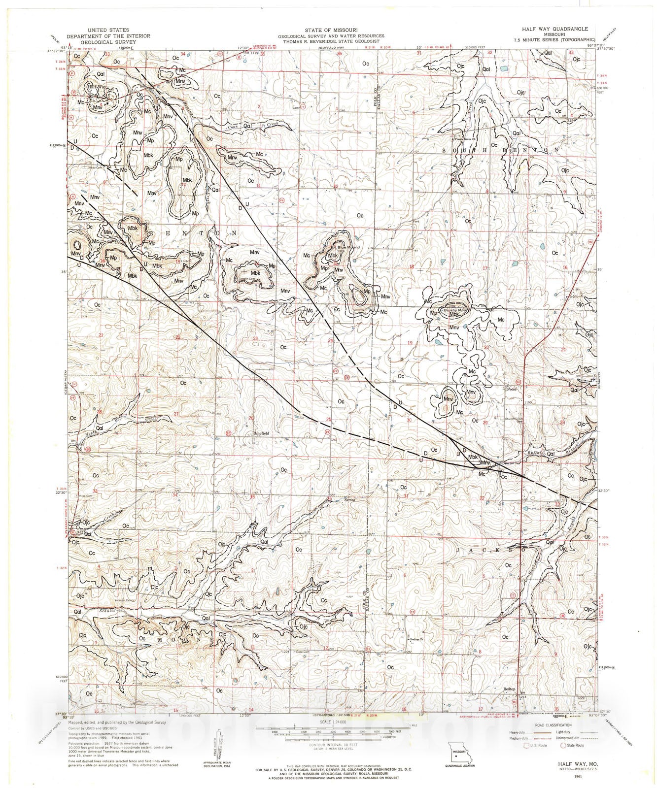 Map : Geologic map of the Half Way seven 1/2' quadrangle, Missouri, 1982 Cartography Wall Art :