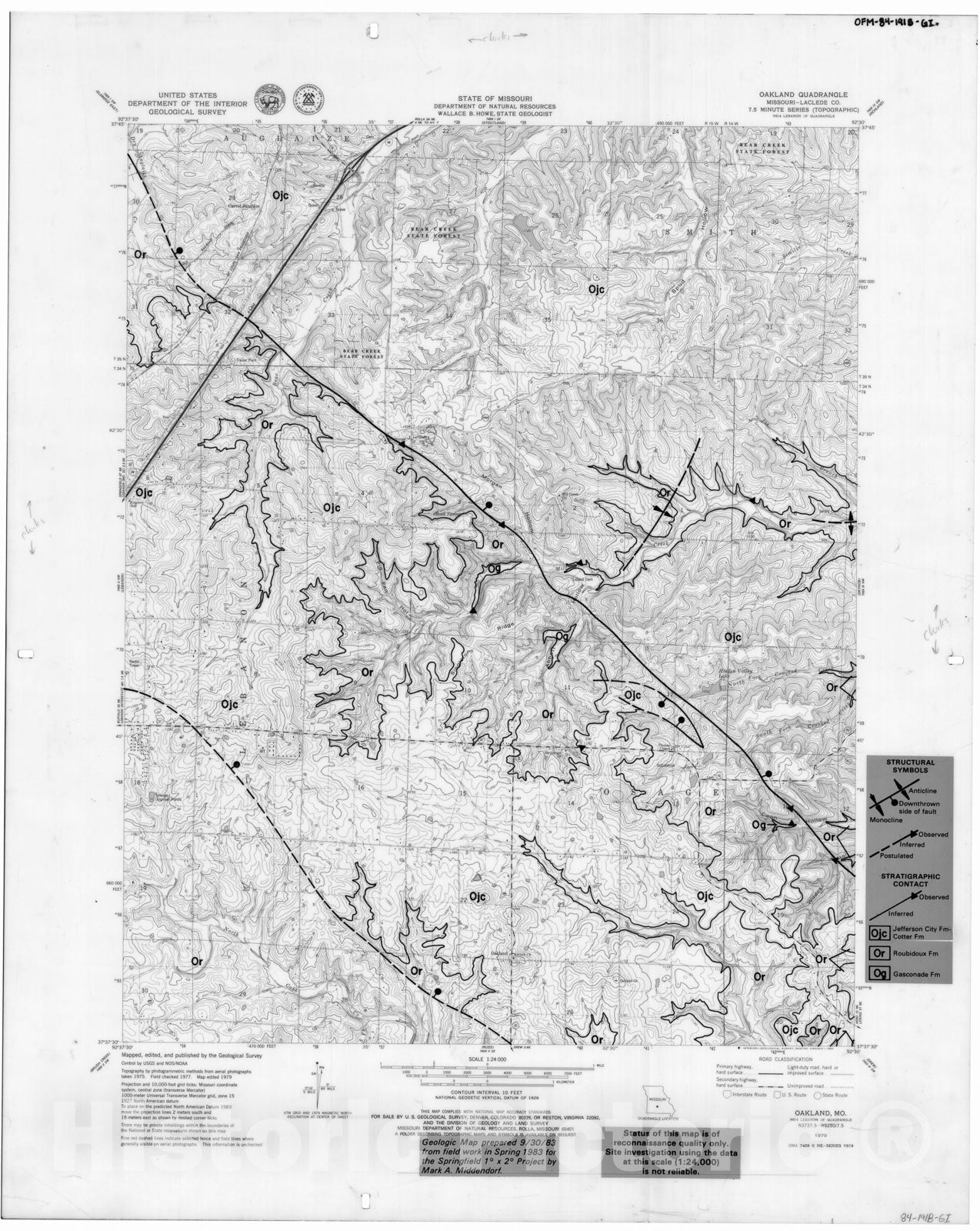 Map : Geologic map of the Oakland seven 1/2' quadrangle, Missouri, 1983 Cartography Wall Art :