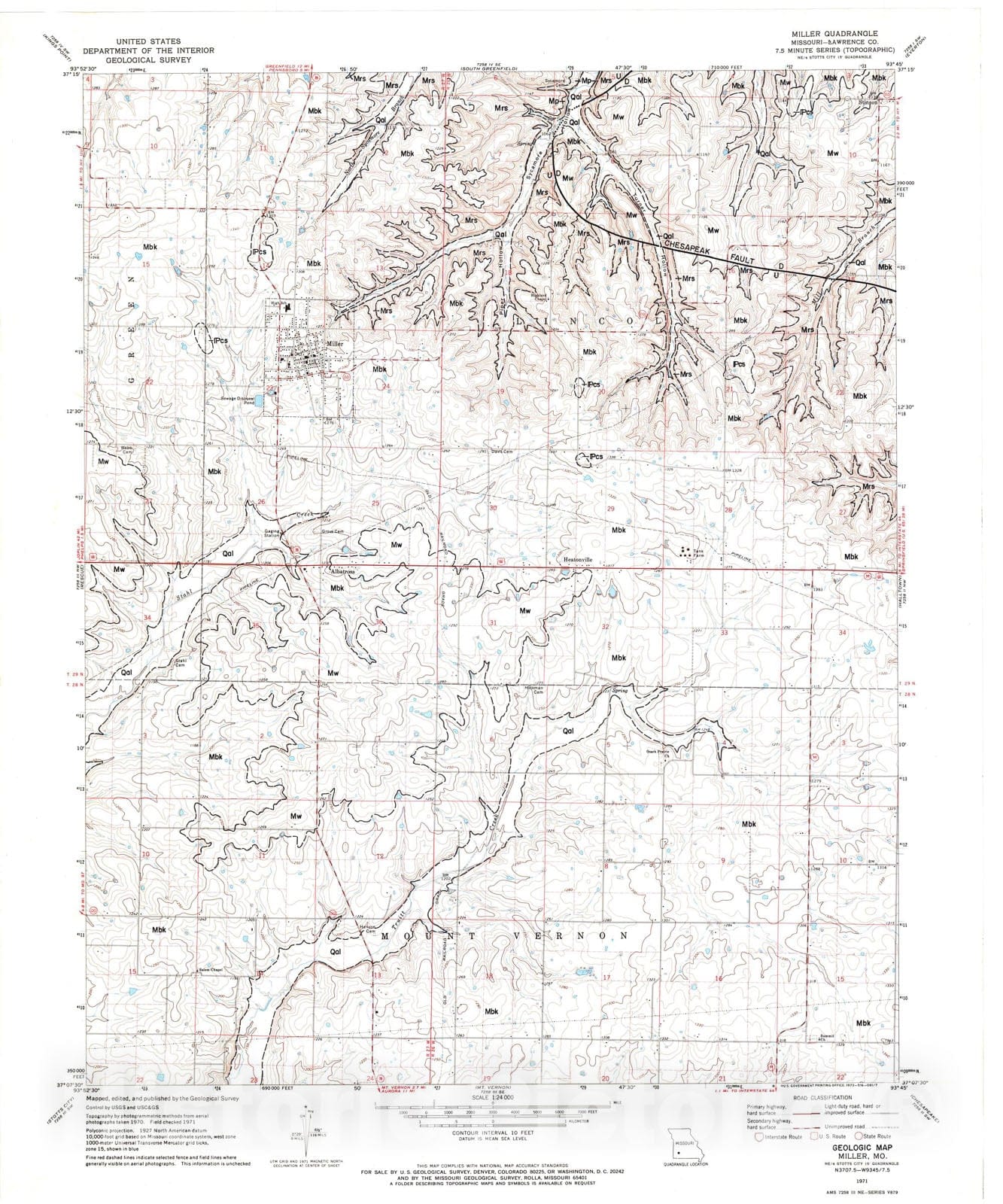 Map : Geologic map of the Miller seven 1/2' quadrangle, Missouri, 1983 Cartography Wall Art :