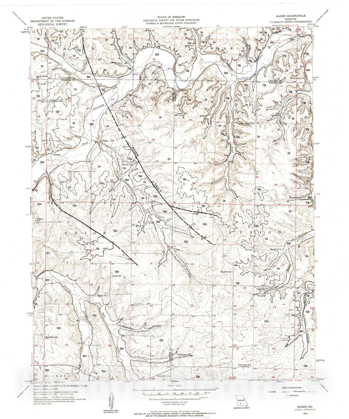 Map : Geologic map of the Rader seven 1/2' quadrangle, Missouri, 1983 Cartography Wall Art :