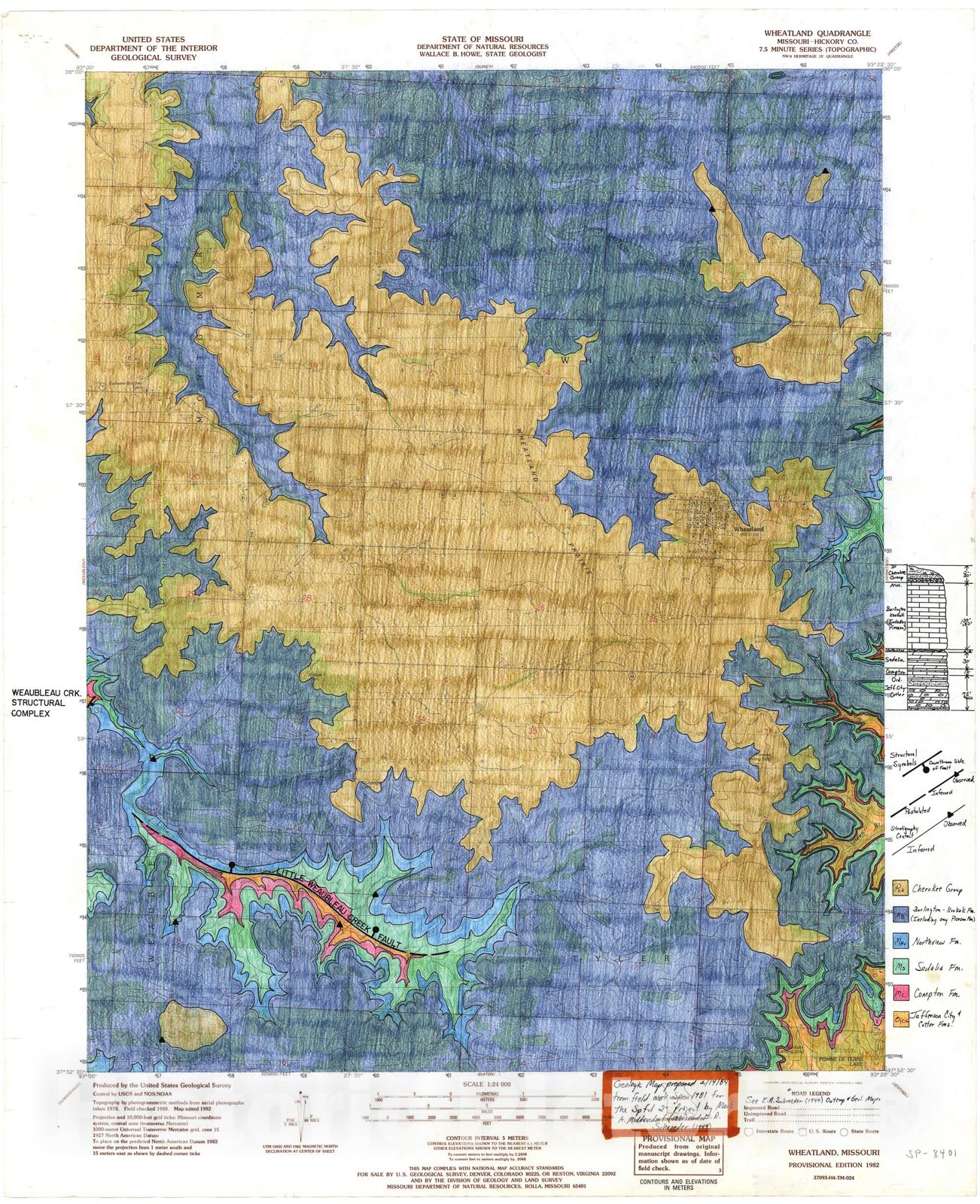 Map : Geologic map of the Wheatland seven 1/2' quadrangle, Missouri, 1984 Cartography Wall Art :