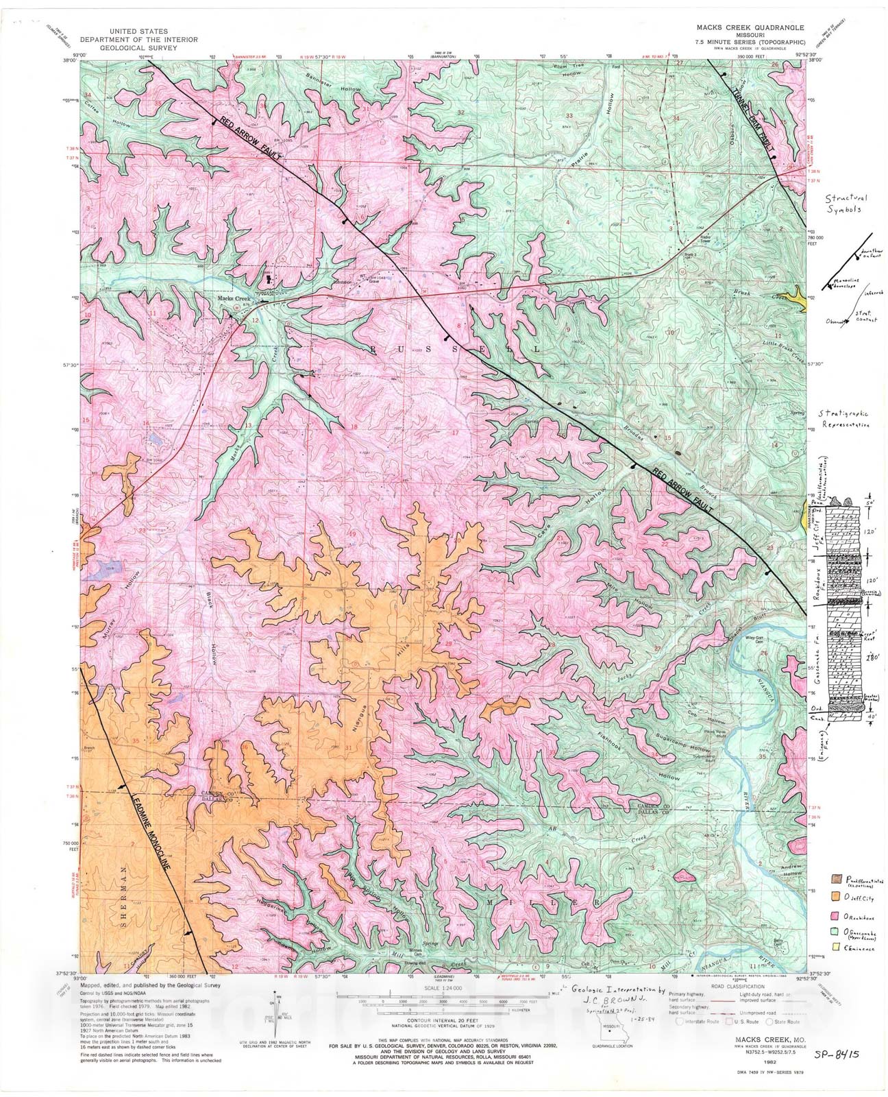 Map : Bedrock geologic map of the Macks Creek seven 1/2' quadrangle, Missouri, 1984 Cartography Wall Art :