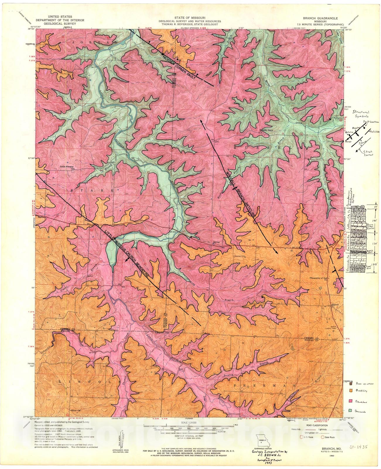 Map : Bedrock geologic map of the Branch seven 1/2' quadrangle, Missouri, 1984 Cartography Wall Art :