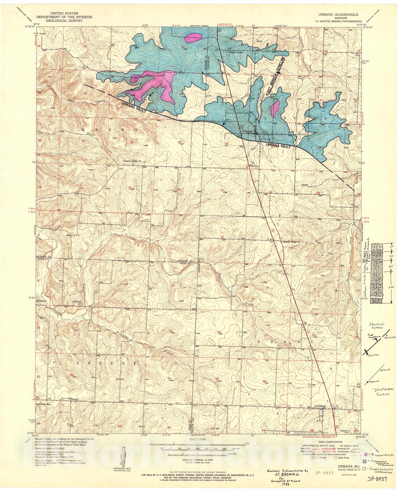Map : Bedrock geologic map of the Urbana seven 1/2' quadrangle, Missouri, 1984 Cartography Wall Art :