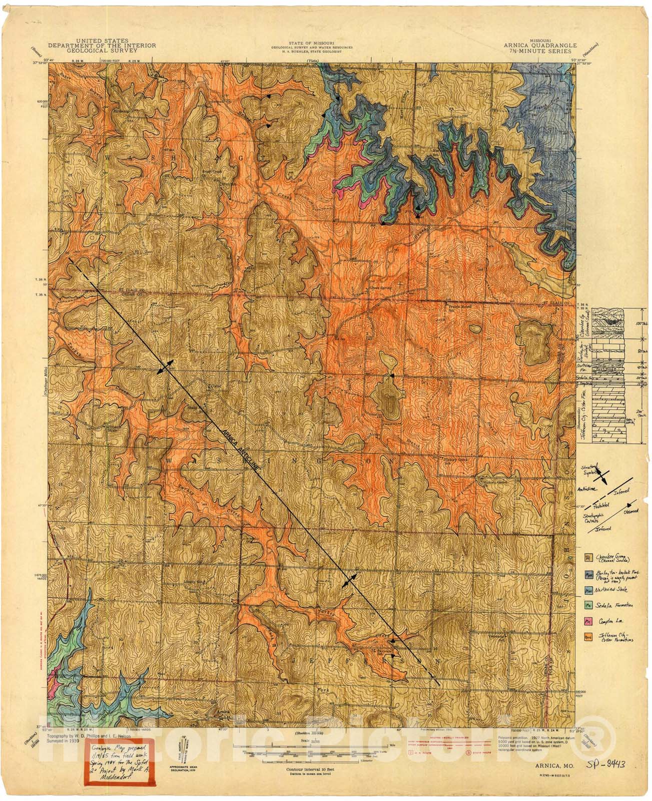 Map : Geologic map of the Arnica seven 1/2' quadrangle, Missouri, 1984 Cartography Wall Art :