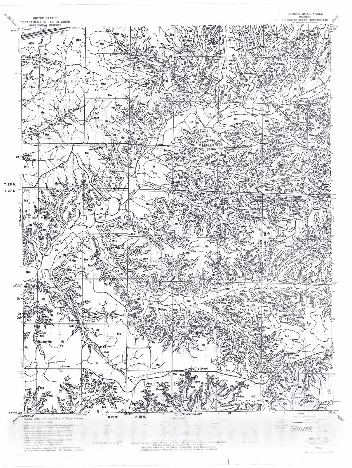 Map : Geologic map of the Bruner seven 1/2' quadrangle, Missouri, 1984 Cartography Wall Art :