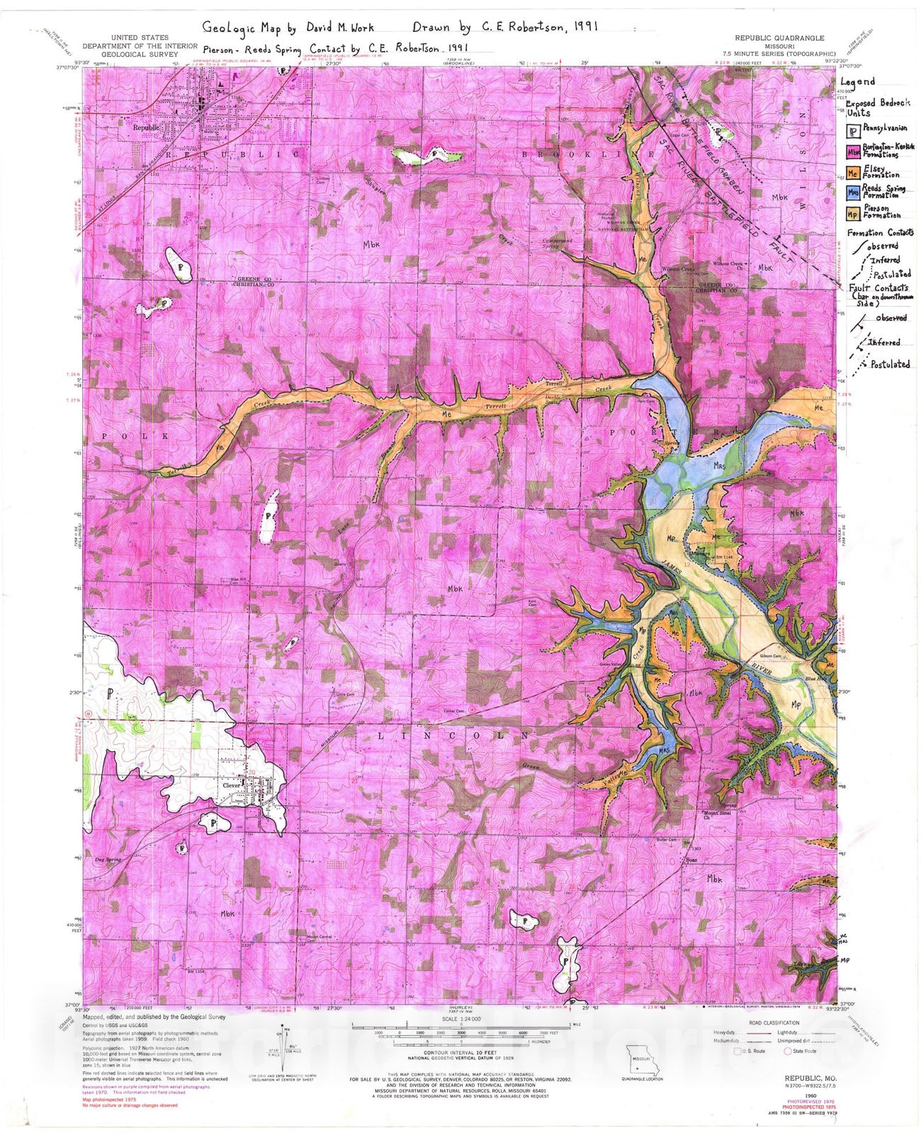 Map : Geologic map of the Republic seven 1/2' quadrangle, Missouri, 1991 Cartography Wall Art :