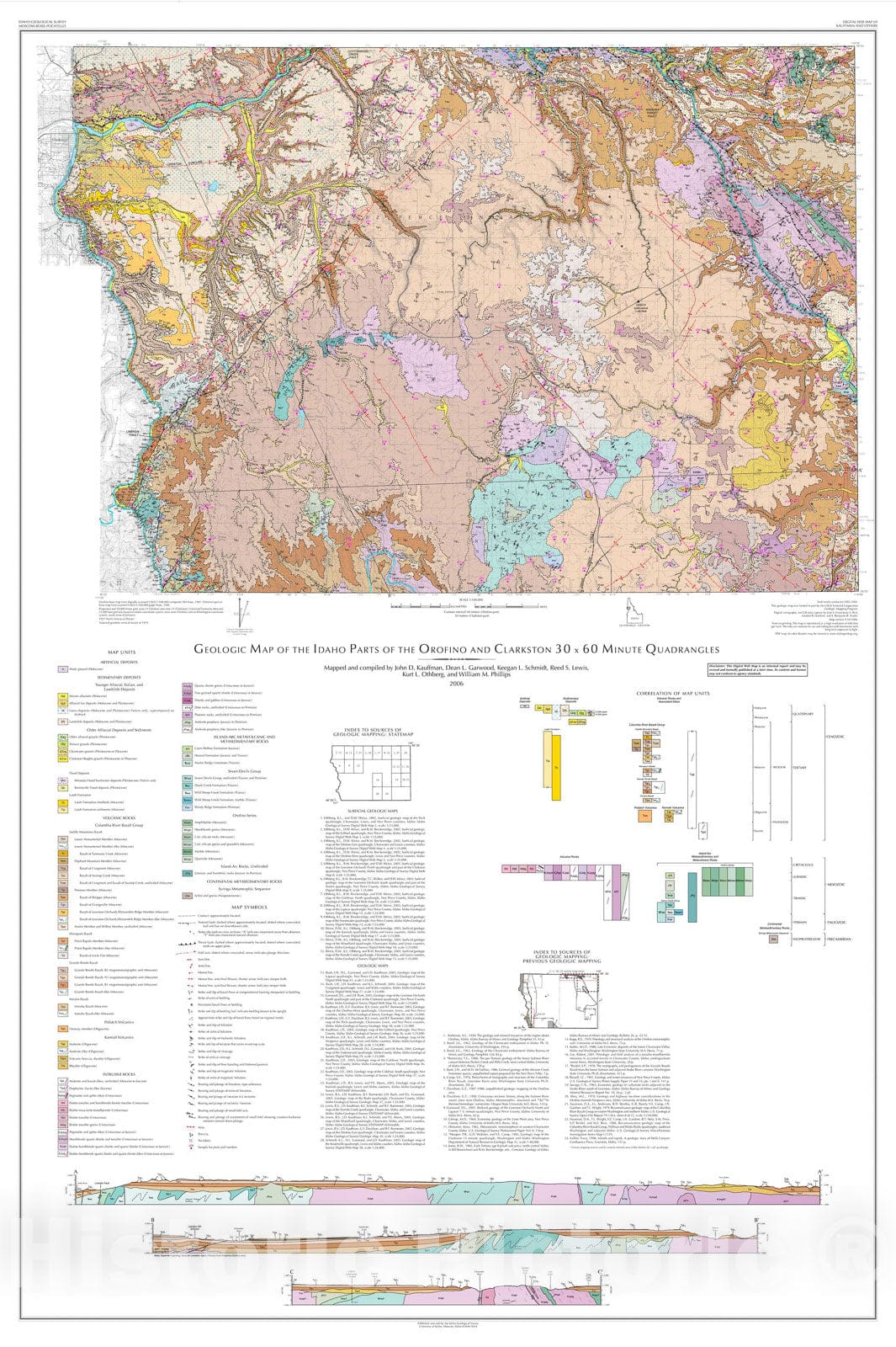 Map : Geologic Map of the Idaho Parts of the Orofino and Clarkston thirty x sixty Minute Quadrangles, 2006 Cartography Wall Art :