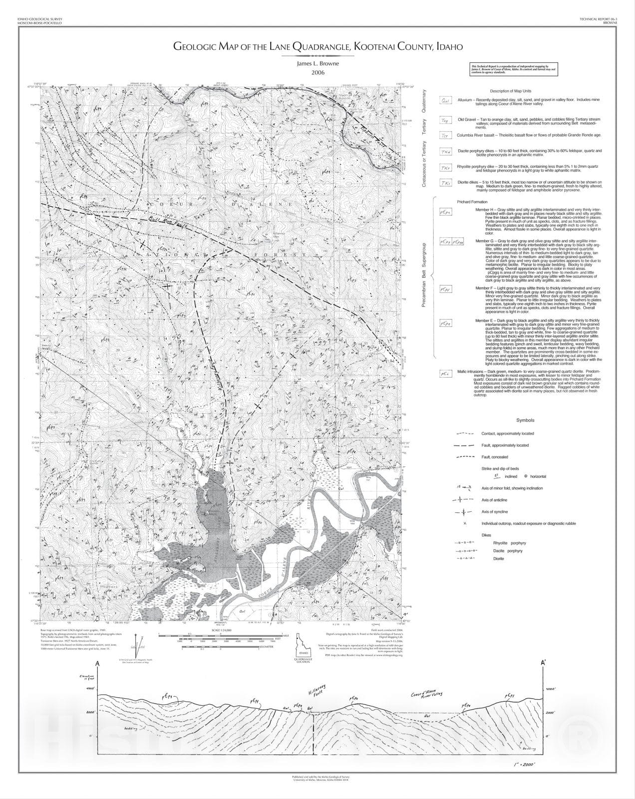 Map : Geologic Map of the Lane Quadrangle, Kootenai County, Idaho, 2006 Cartography Wall Art :