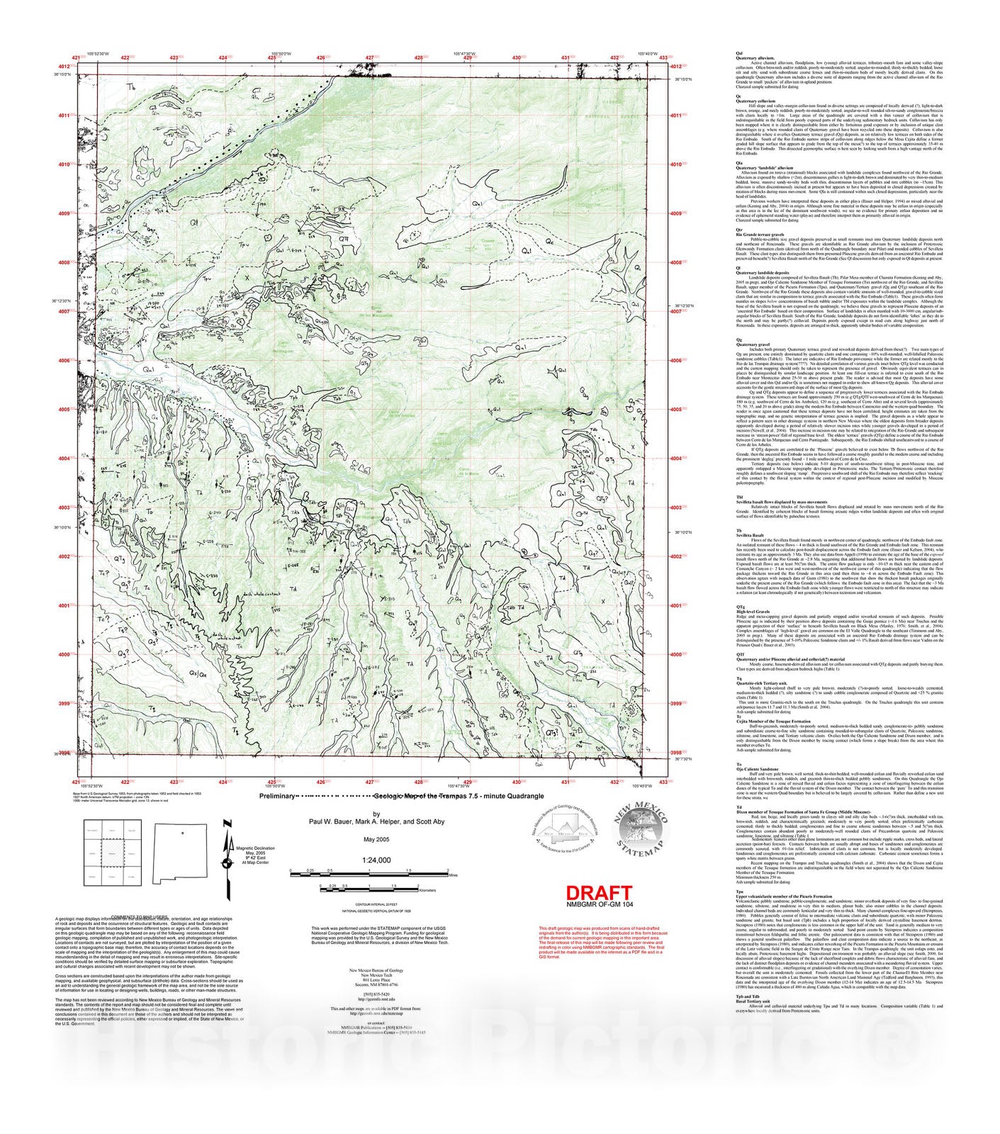 Map : Revised preliminary geologic map of the Trampas 7.5 minute quadrangle, Rio Arriba and Taos counties, New Mexico, 2005 Cartography Wall Art :