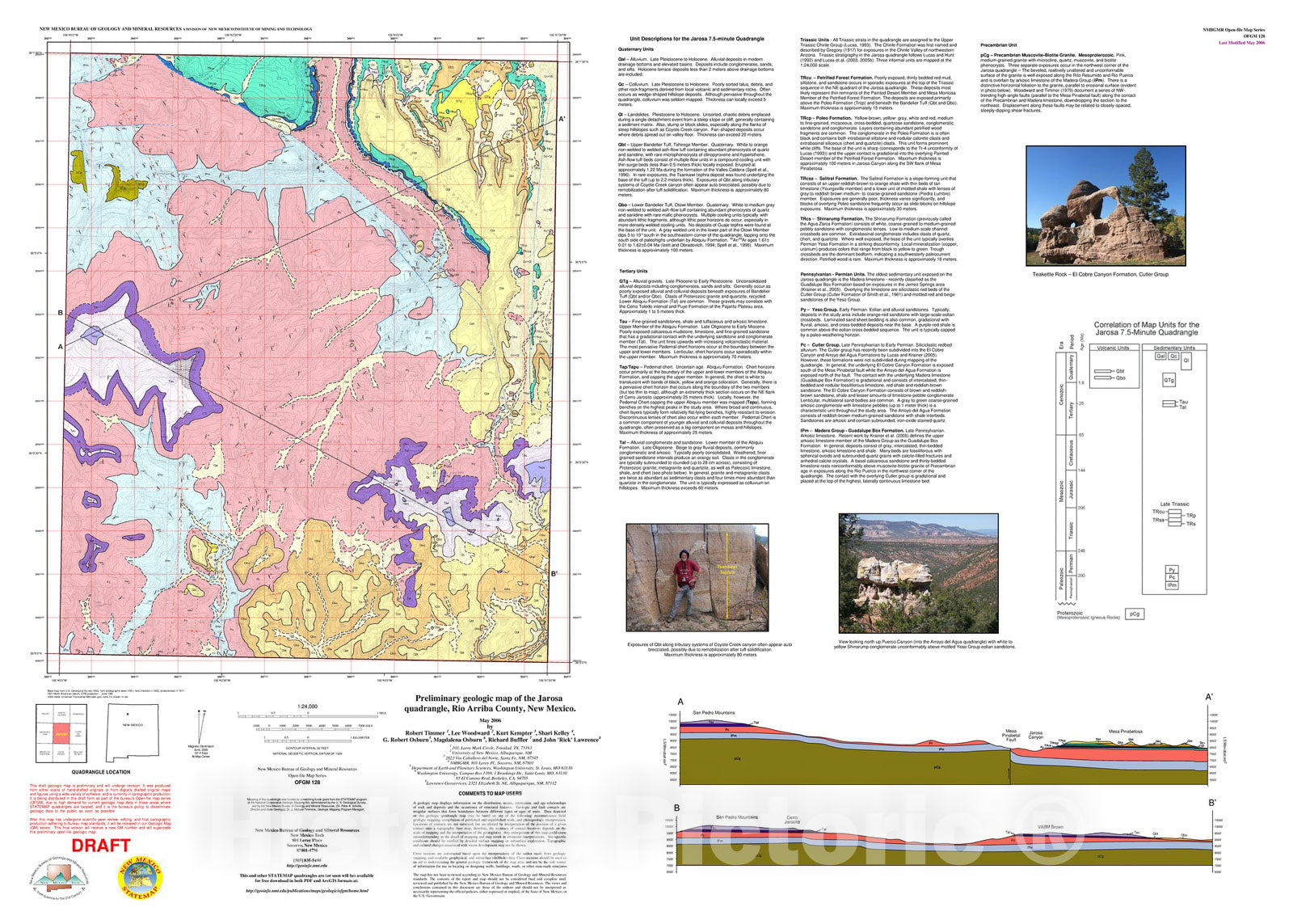 Map : Preliminary geologic map of the Jarosa quadrangle, Rio Arriba County, New Mexico, 2006 Cartography Wall Art :