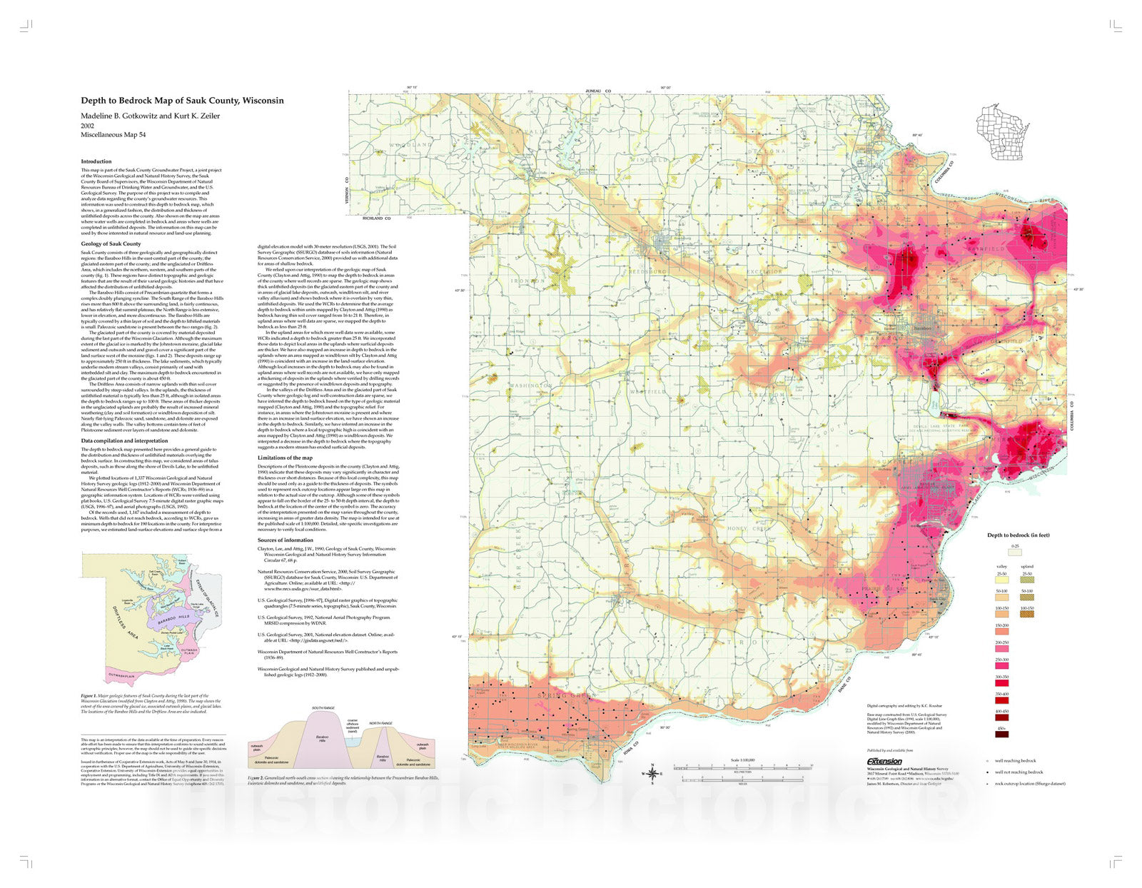 Map : Depth to Bedrock Map of Sauk County, Wisconsin, 2002 Cartography Wall Art :