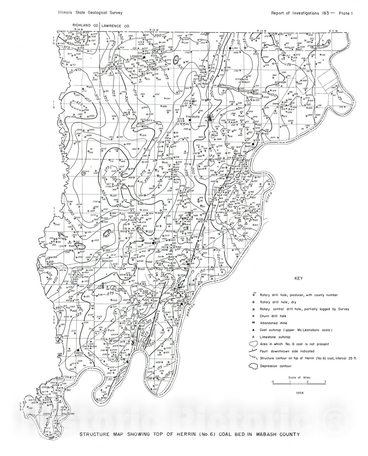 Map : Subsurface Geology and Coal Resources of the Pennsylvanian System in Wabash County, Illinois, 1955 Cartography Wall Art :