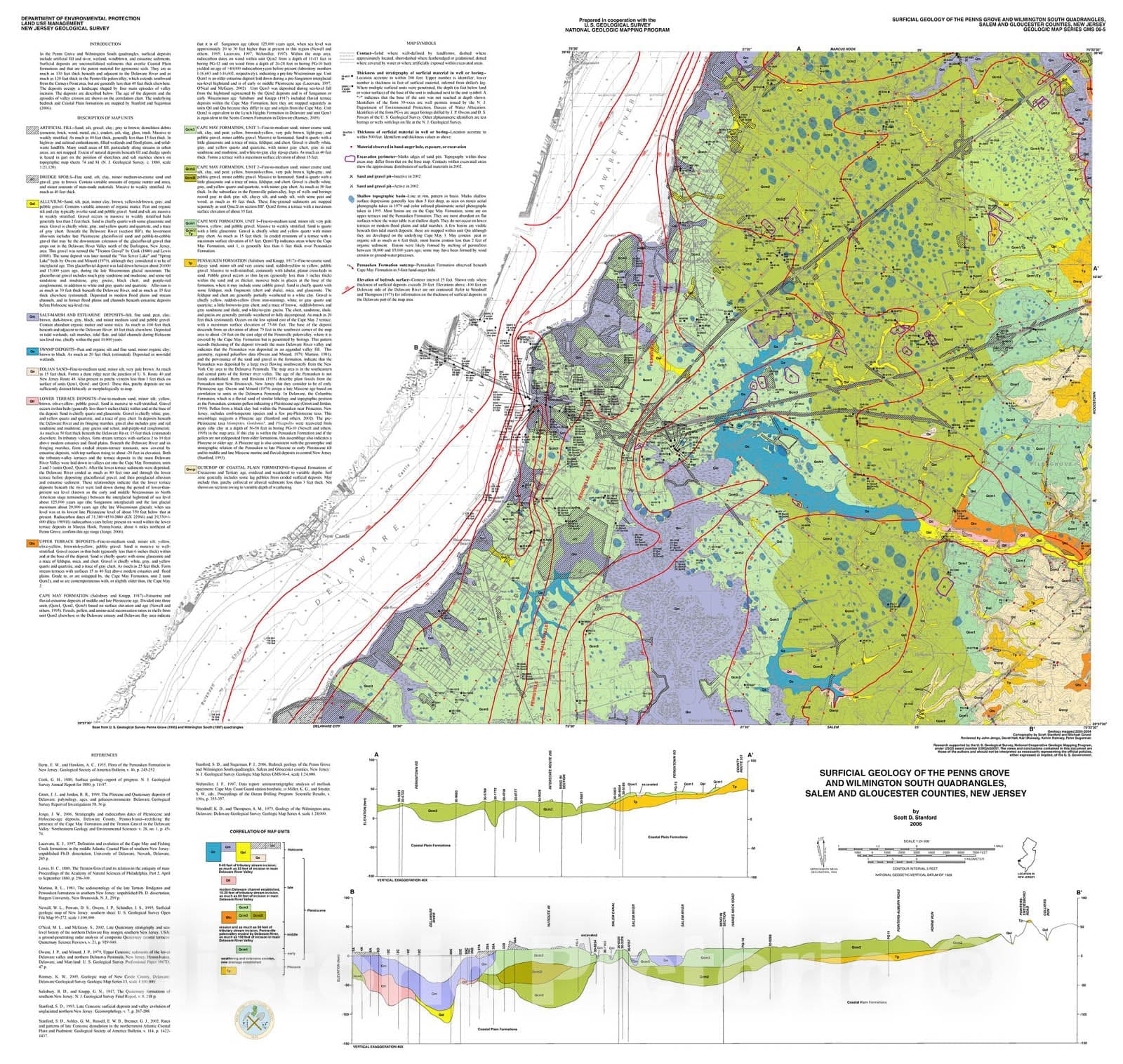 Map : Surficial geology of the Penns Grove and Wilmington South quadrangles, Gloucester and Salem counties, New Jersey, 2006 Cartography Wall Art :