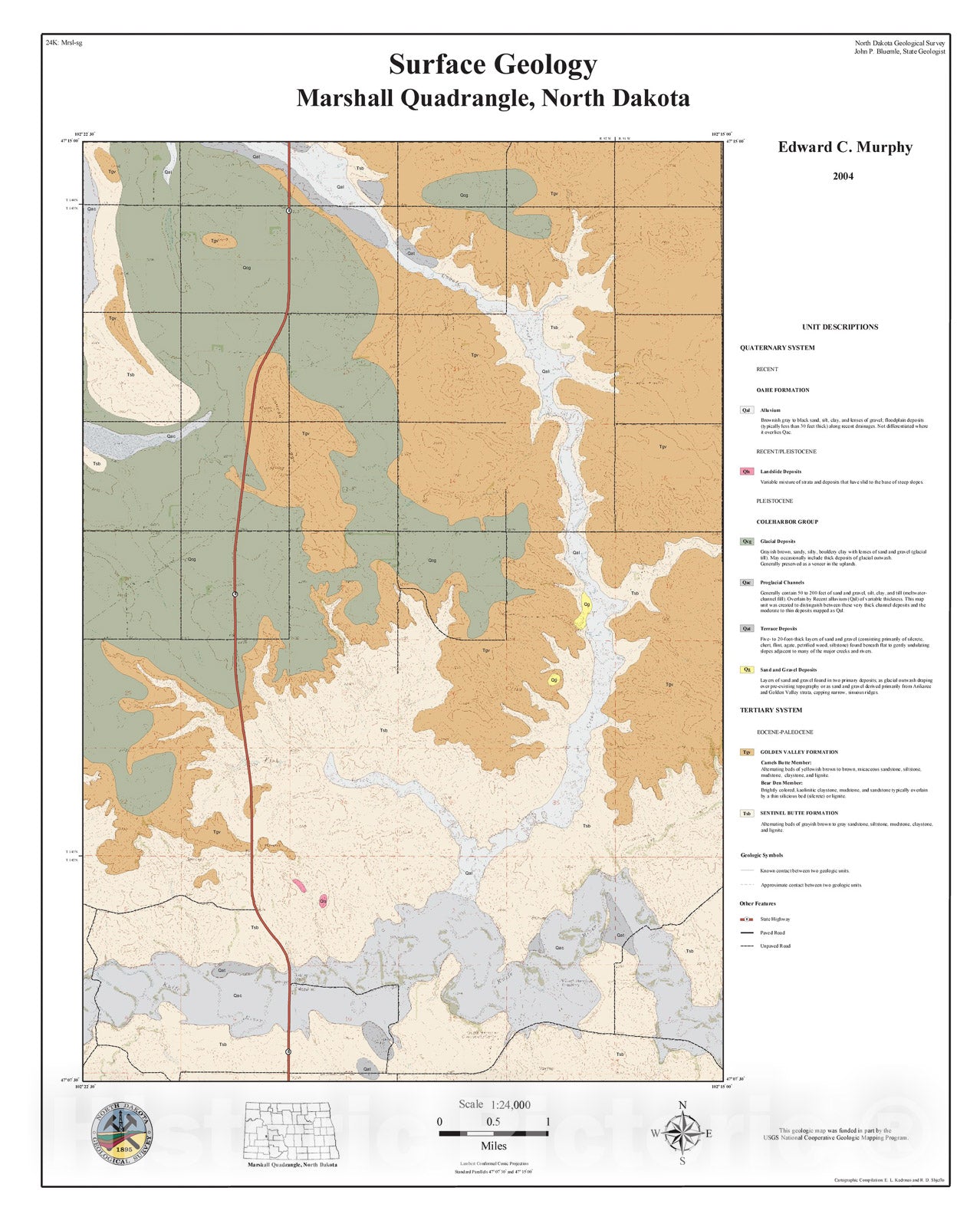 Map : Surface geology, Marshall quadrangle, North Dakota, 2004 Cartography Wall Art :