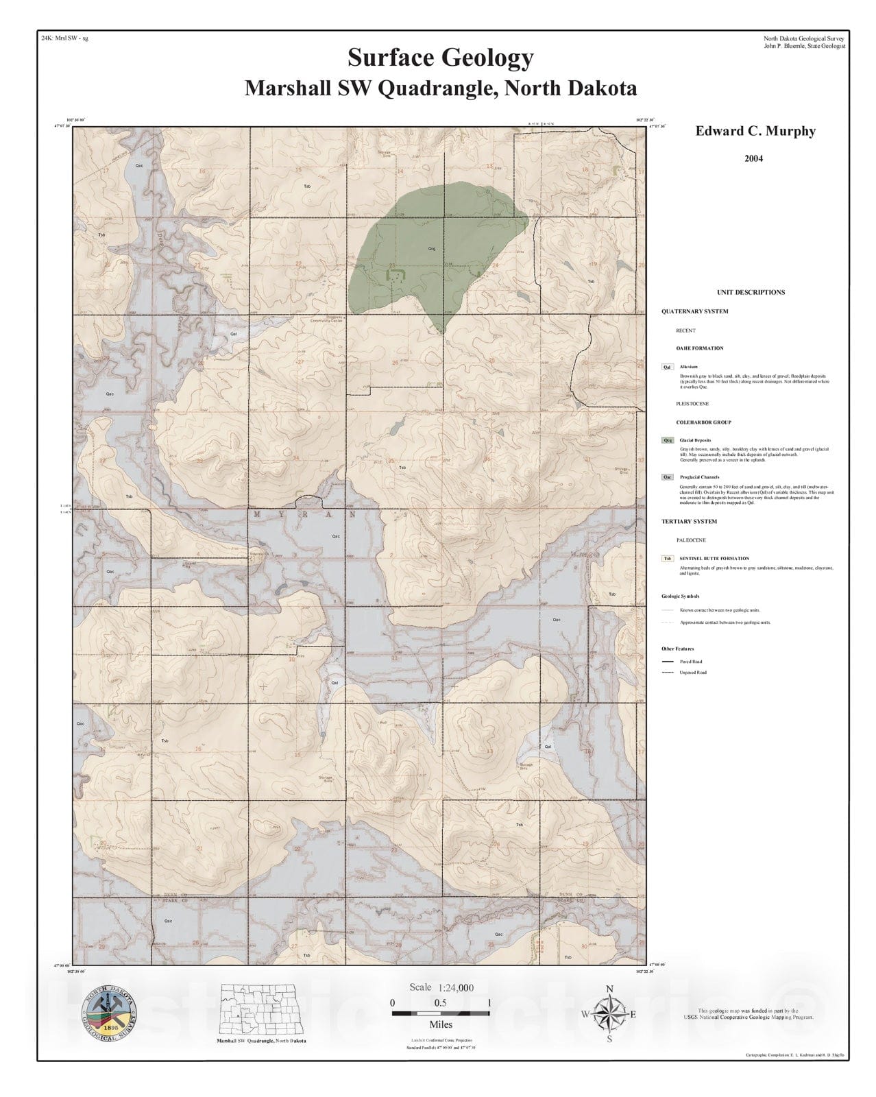 Map : Surface geology, Marshall SW quadrangle, North Dakota, 2004 Cartography Wall Art :