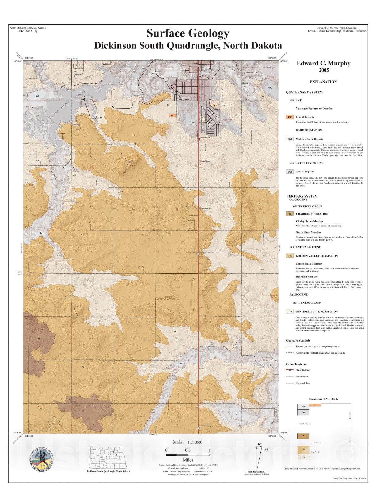 Map : Surface geology - Dickinson South quadrangle, North Dakota, 2005 Cartography Wall Art :