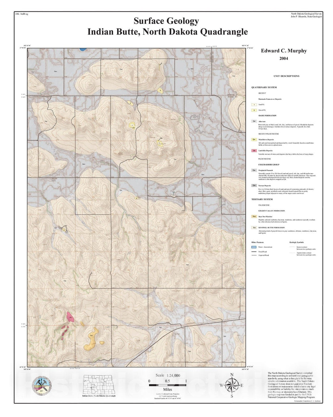 Map : Surface geology - Indian Butte quadrangle, North Dakota, 2004 Cartography Wall Art :