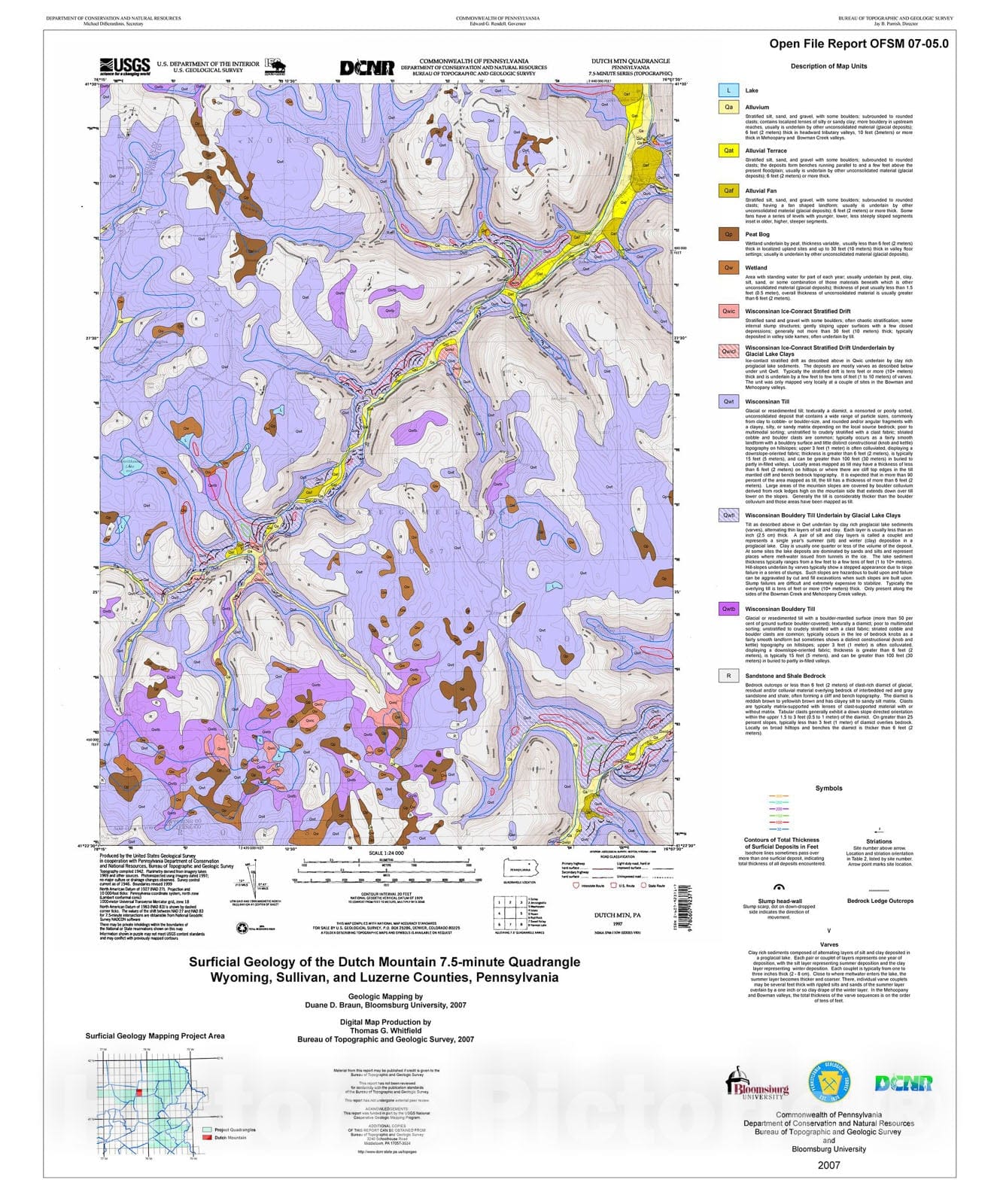 Map : Surficial geology of the Dutch Mountain 7.5-minute quadrangle, Wyoming, Sullivan, and Luzerne Counties, Pennsylvania, 2007 Cartography Wall Art :