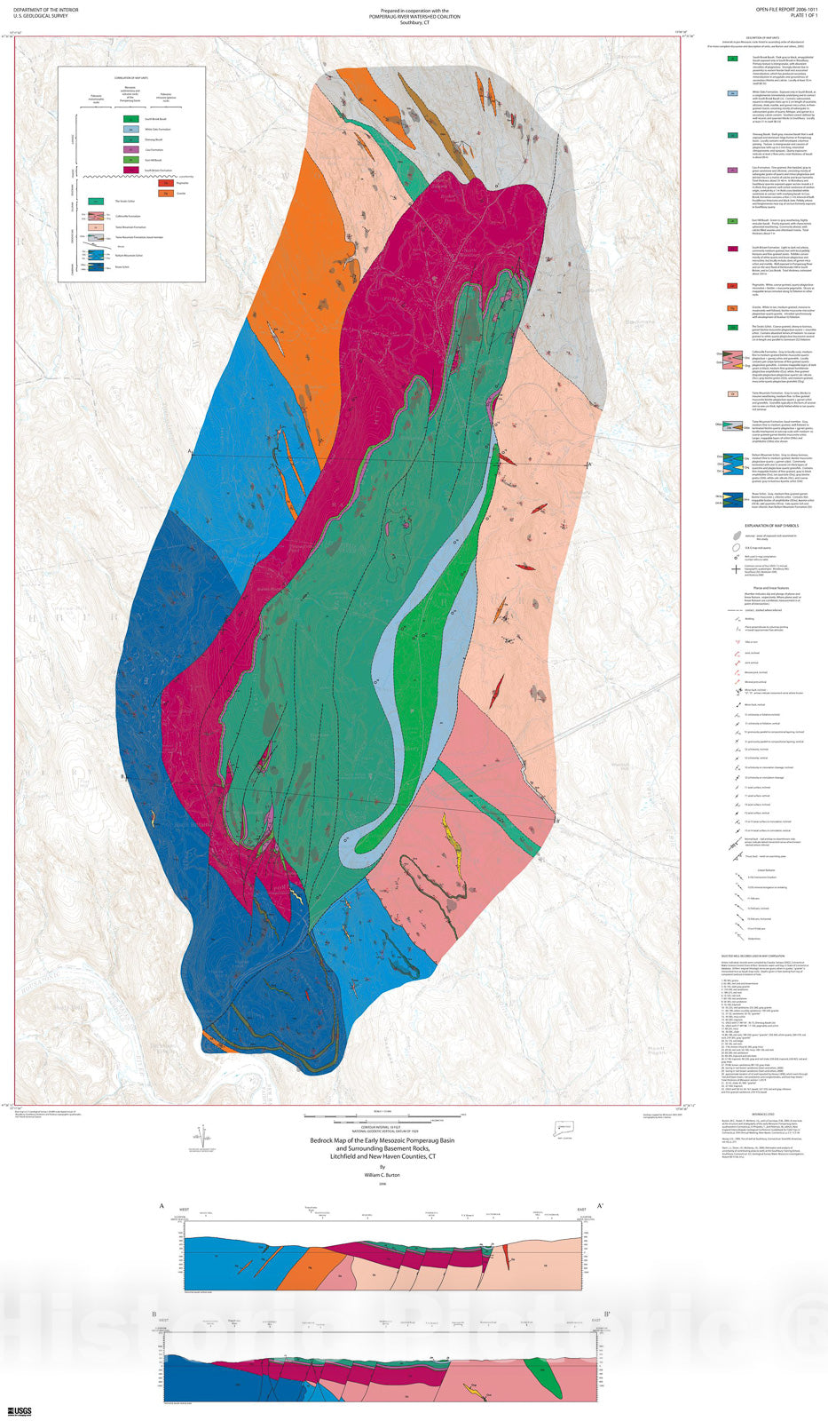 Map : Bedrock geologic map of the Early Mesozoic Pomperaug Basin and surrounding basement rocks, Litchfield and New Haven Counties, Connecticut, 2007 Cartography Wall Art :
