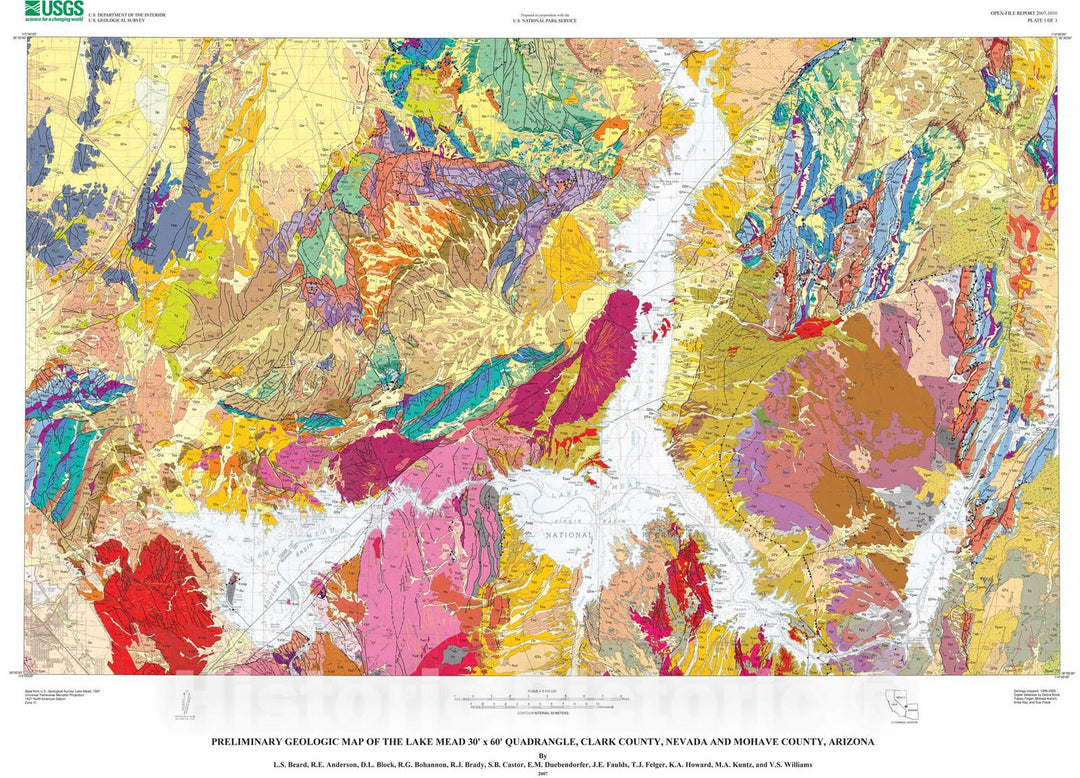Map : Preliminary geologic map of the Lake Mead 30' x 60' quadrangle, Clark County, Nevada, and Mohave County, Arizona, 2007 Cartography Wall Art :