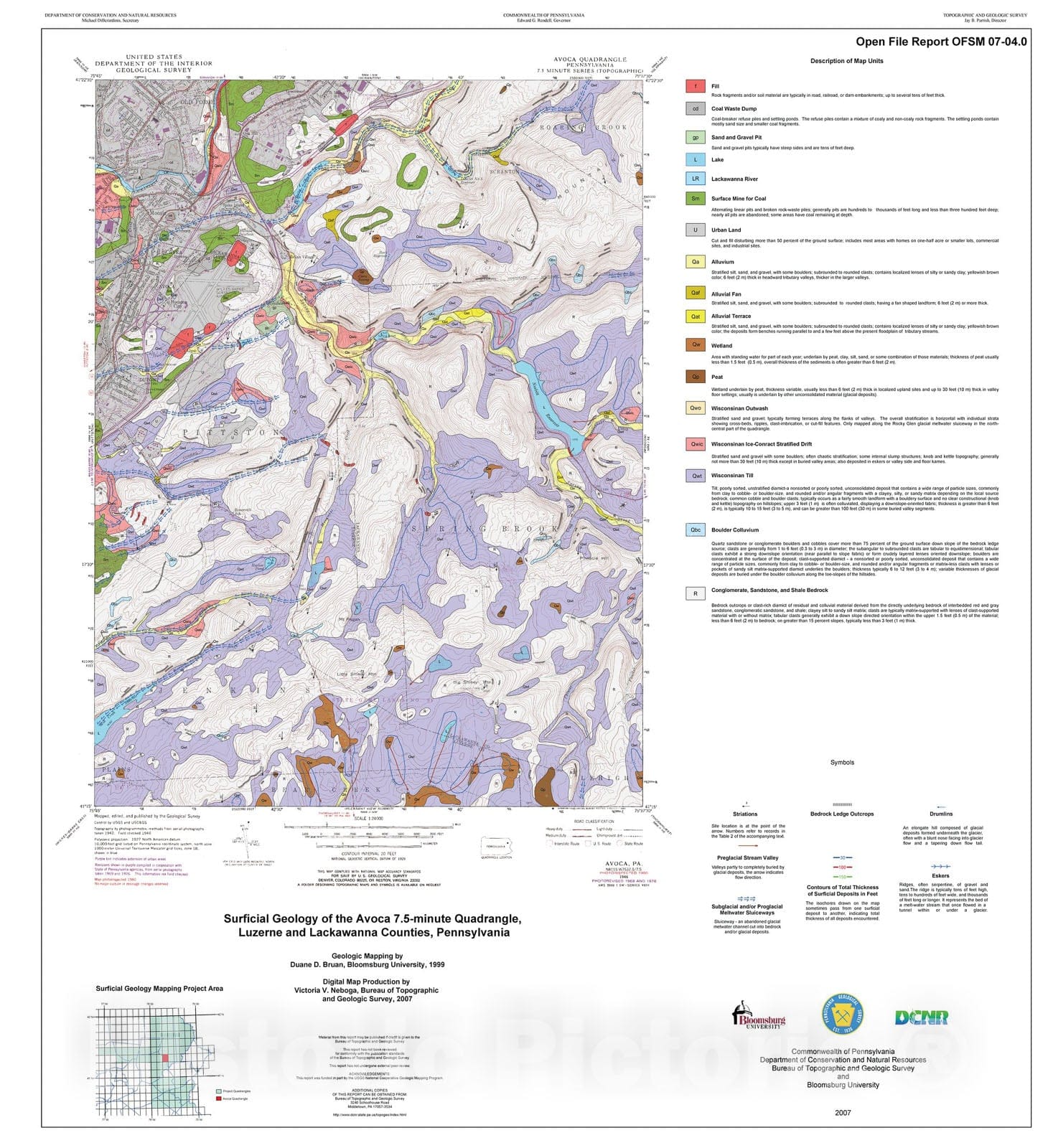 Map : Surficial geology of the Avoca 7.5-minute quadrangle, Luzerne and Lackawanna Counties, Pennsylvania, 2007 Cartography Wall Art :