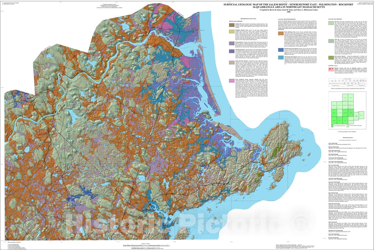 Map : Surficial geologic map of the Salem Depot - Newburyport  East - Wilmington - Rockport 16-quadrangle area in northeast Massachusetts, 2007 Cartography Wall Art :