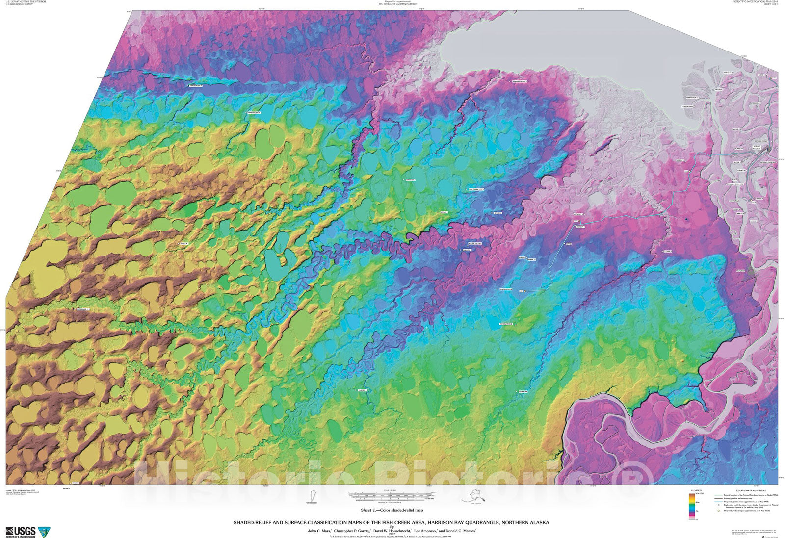 Map : Color shaded-relief and surface-classification maps of the Fish Creek area, Harrison Bay quadrangle, northern Alaska, 2007 Cartography Wall Art :