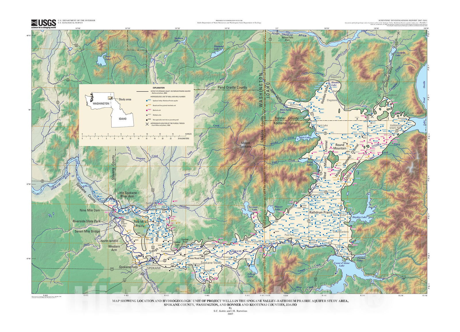 Map : Hydrogeologic framework and ground-water budget of the Spokane Valley-Rathdrum Prairie aquifer, Spokane County, Washington, , 2007 Cartography Wall Art :