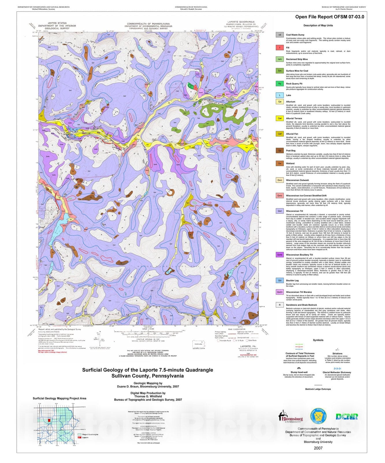 Map : Surficial geology of the Laporte 7.5-minute quadrangle, Sullivan County, Pennsylvania, 2007 Cartography Wall Art :
