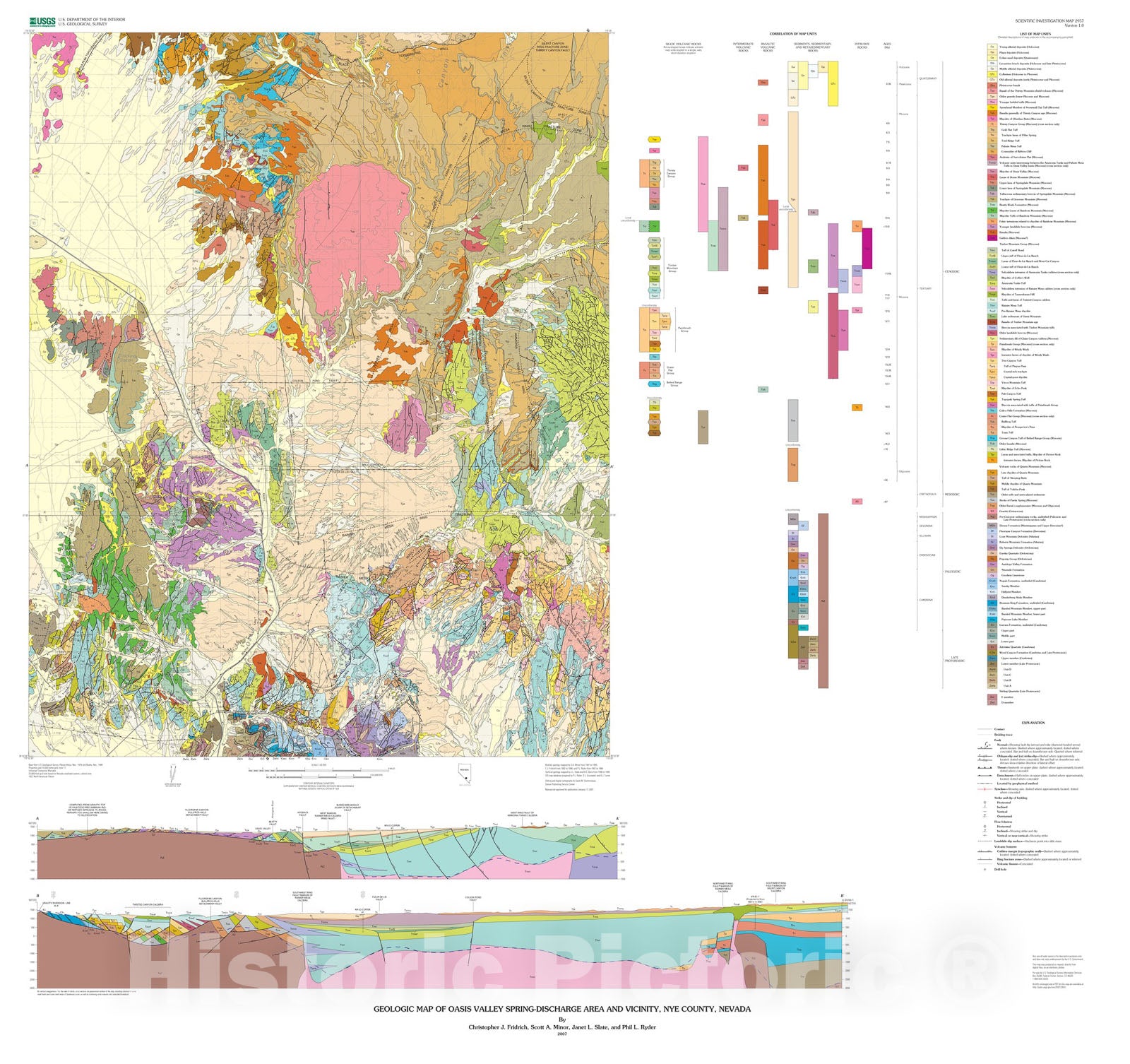 Map : Geologic map of Oasis Valley spring-discharge area and vicinity, Nye County, Nevada, 2007 Cartography Wall Art :