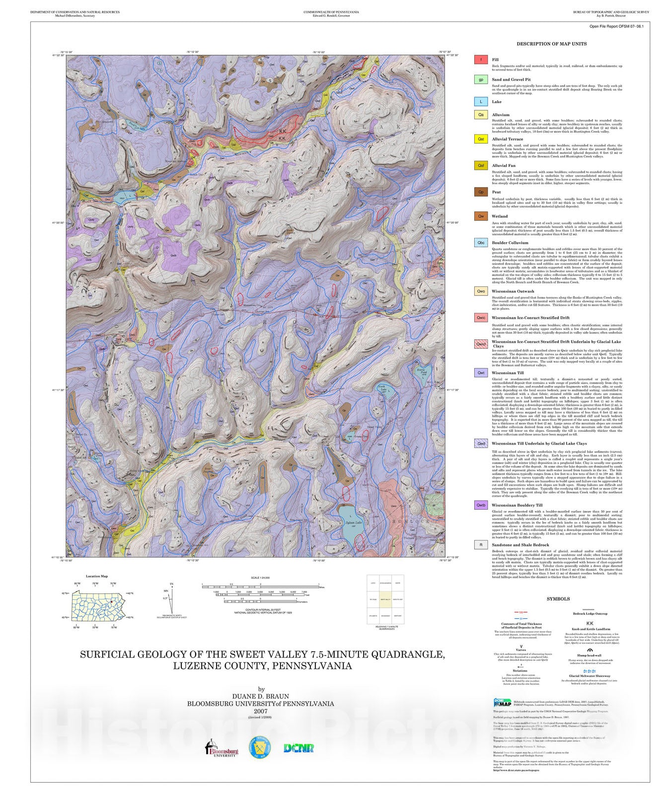 Map : Surficial geology of the Sweet Valley 7.5-minute quadrangle, Luzerne County, Pennsylvania [Revision 1], 2007 Cartography Wall Art :