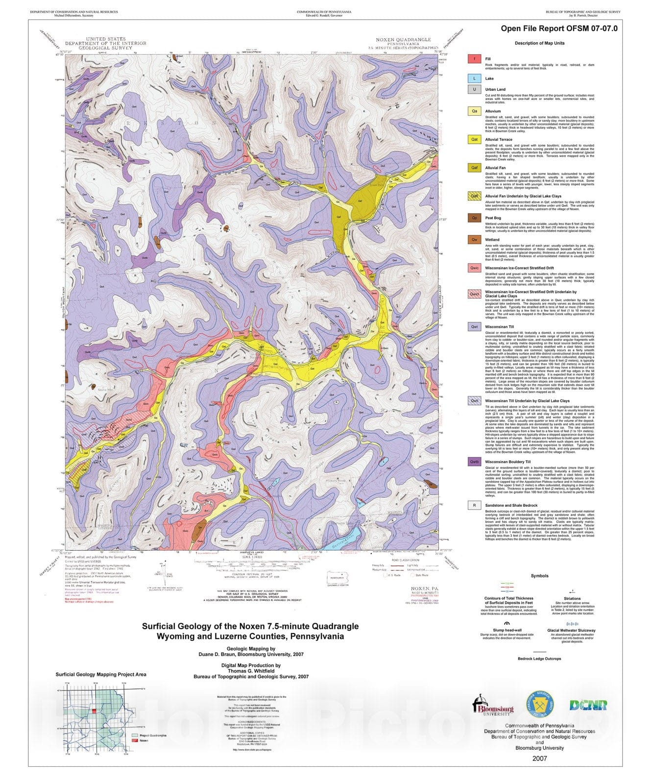 Map : Surficial geology of the Noxen 7.5-minute quadrangle, Wyoming and Luzerne Counties, Pennsylvania, 2007 Cartography Wall Art :
