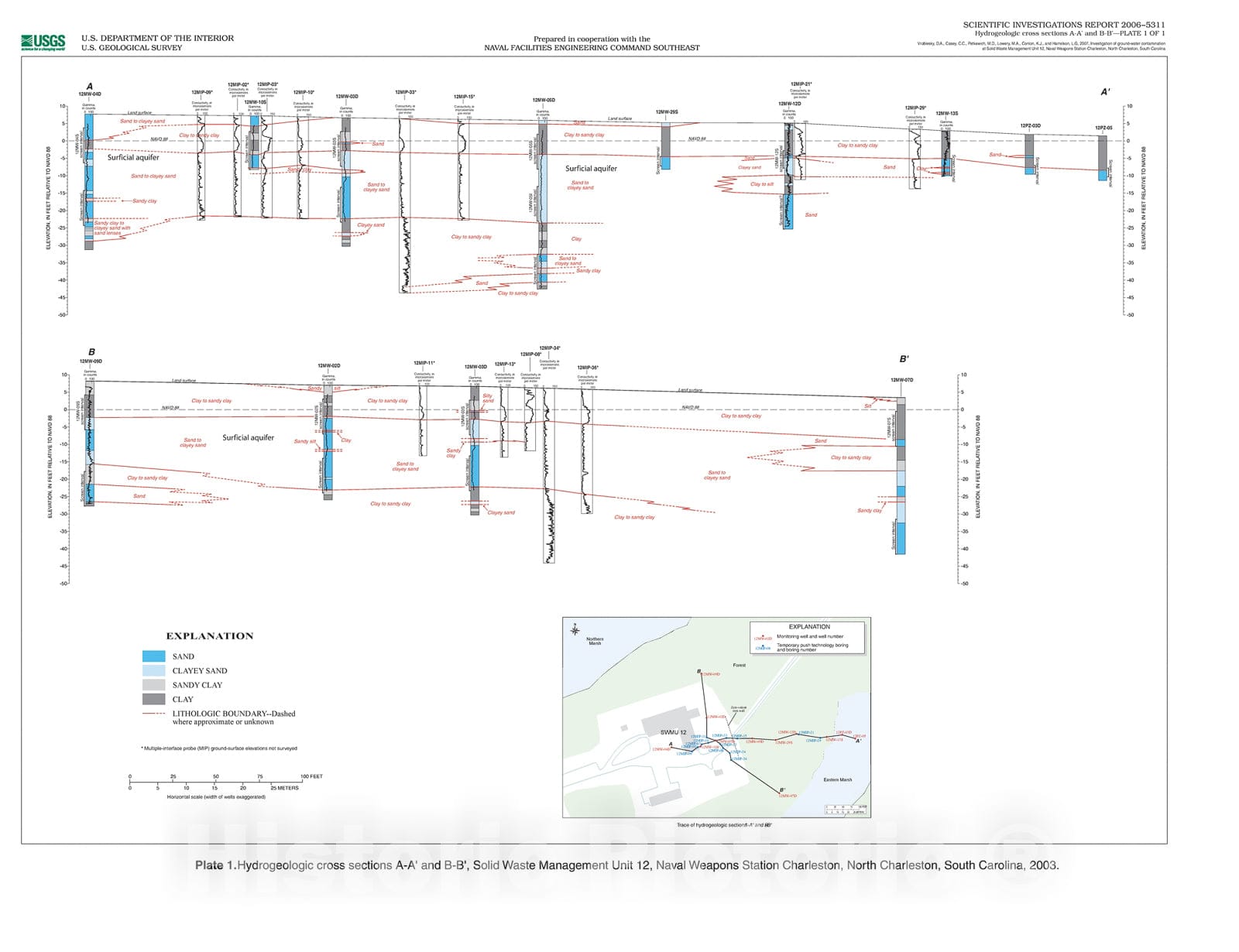 Map : Investigation of ground-water contamination at Solid Waste Management Unit 12, Naval Weapons Station Charleston, North Charleston, South Carolina, 2007 Cartography Wall Art :