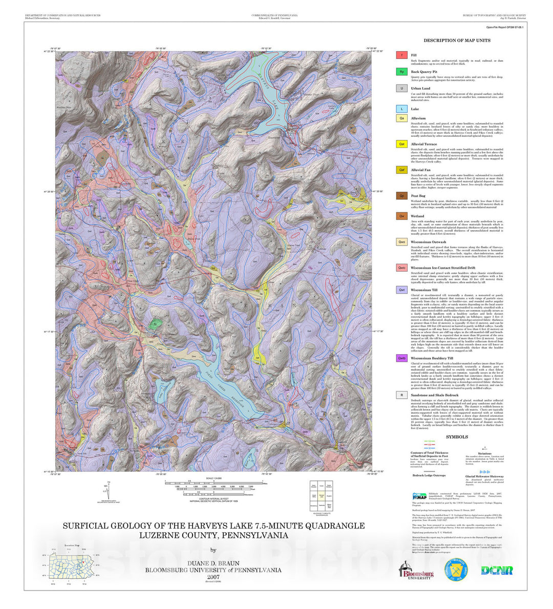 Map : Surficial geology of the Harveys Lake 7.5-minute quadrangle, Luzerne County, Pennsylvania [Revision 1], 2007 Cartography Wall Art :