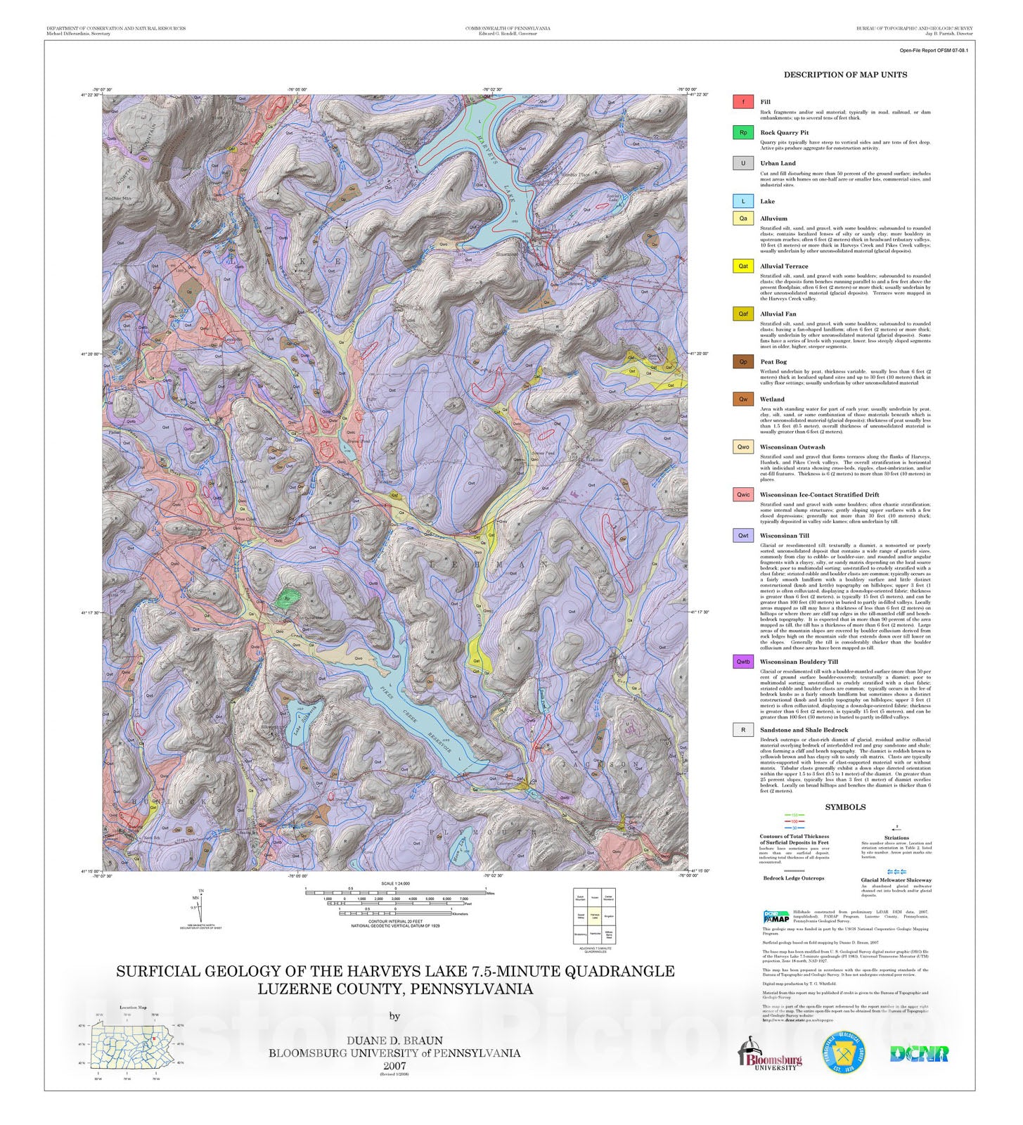 Map : Surficial geology of the Harveys Lake 7.5-minute quadrangle, Luzerne County, Pennsylvania [Revision 1], 2007 Cartography Wall Art :