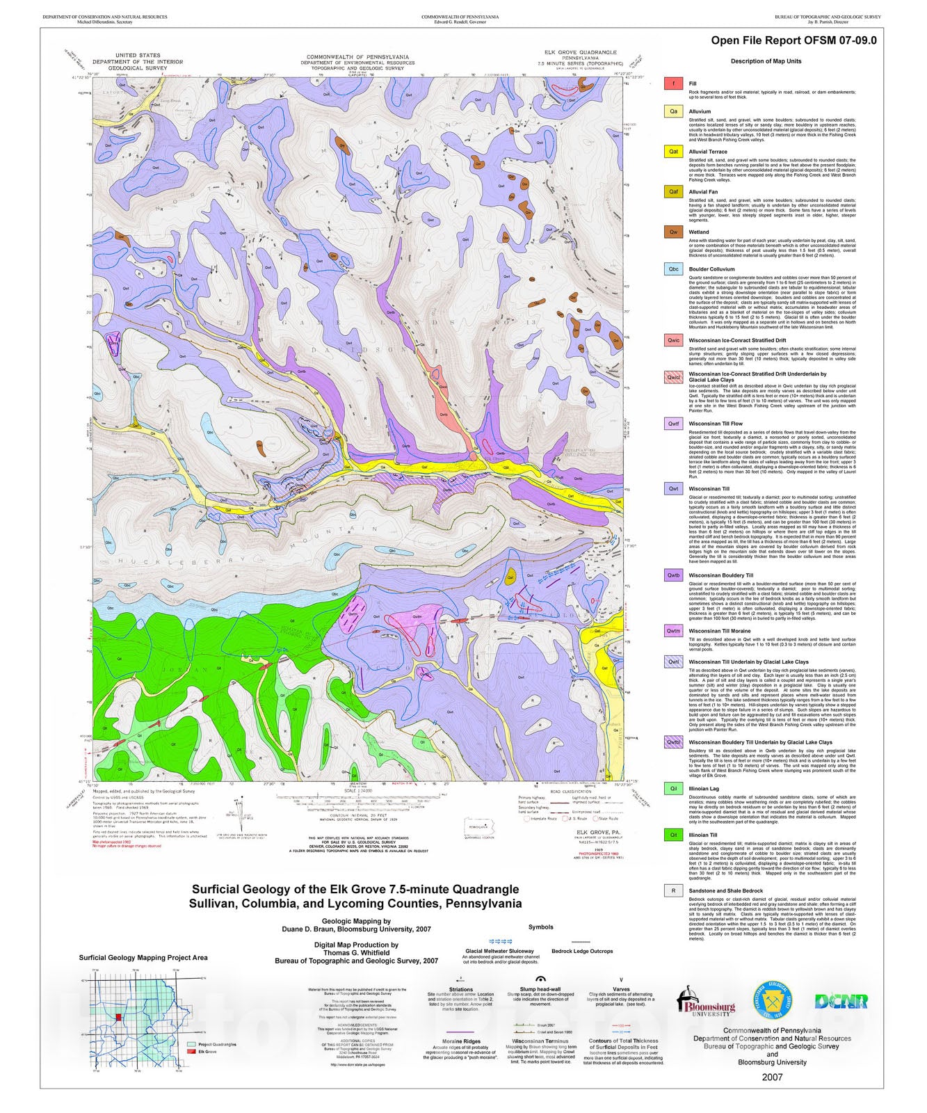 Map : Surficial geology of the Elk Grove 7.5-minute quadrangle, Sullivan, Columbia, and Lycoming Counties, Pennsylvania, 2007 Cartography Wall Art :