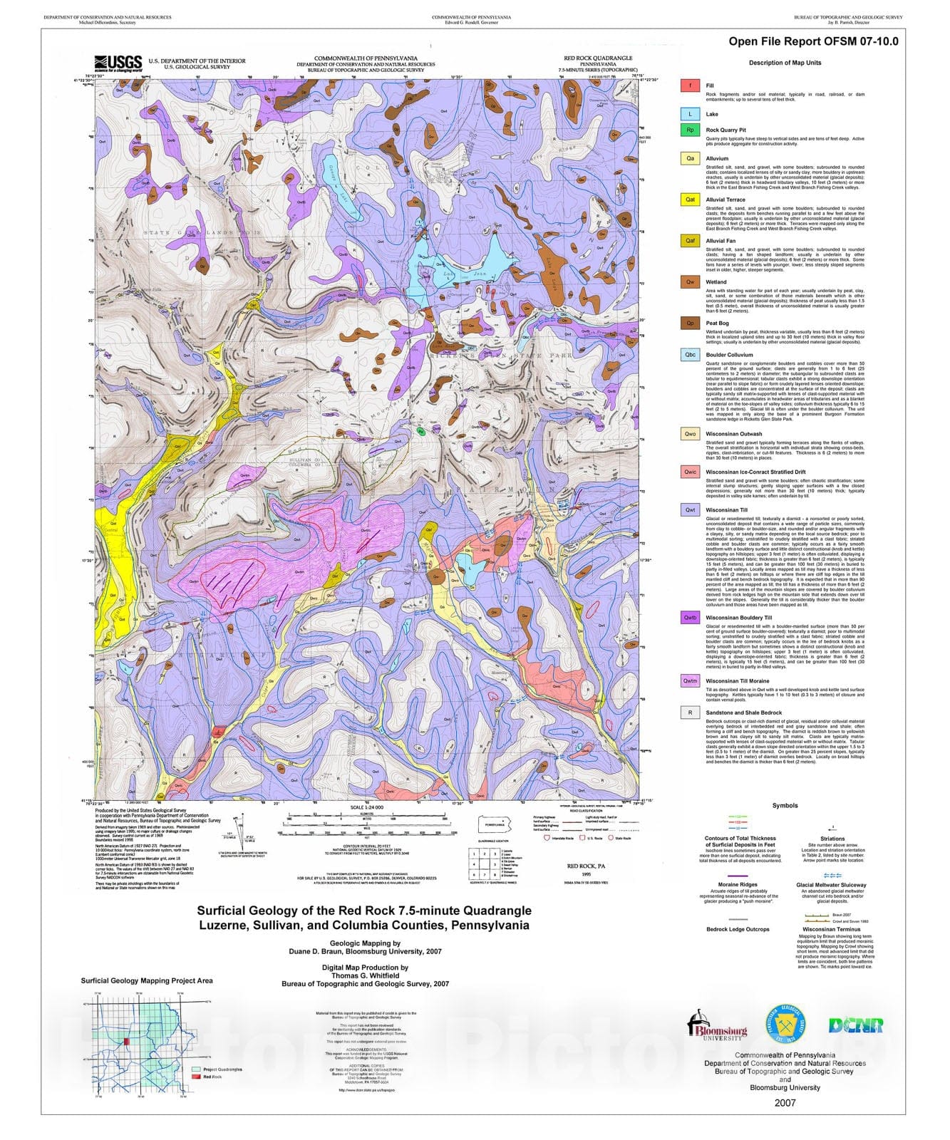Map : Surficial geology of the Red Rock 7.5-minute quadrangle, Luzerne, Sullivan, and Columbia Counties, Pennsylvania, 2007 Cartography Wall Art :