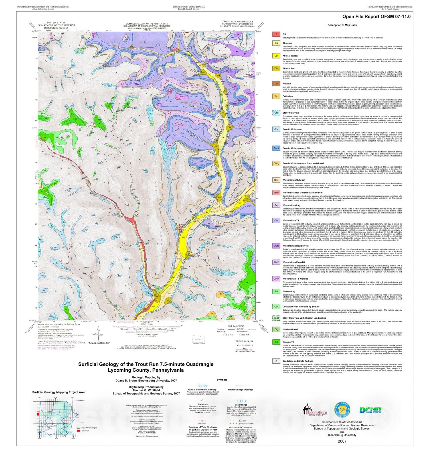 Map : Surficial geology of the Trout Run 7.5-minute quadrangle, Lycoming County, Pennsylvania, 2007 Cartography Wall Art :