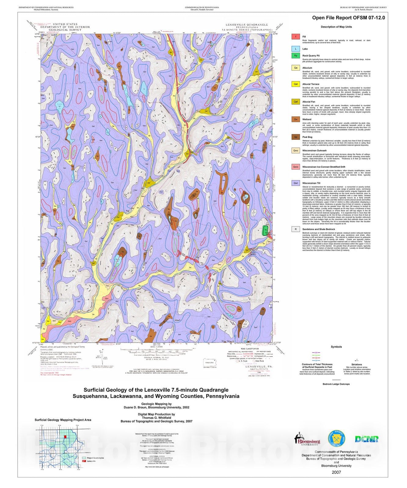 Map : Surficial geology of the Lenoxville 7.5-minute quadrangle, Susquehanna, Lackawanna, and Wyoming Counties, Pennsylvania, 2007 Cartography Wall Art :