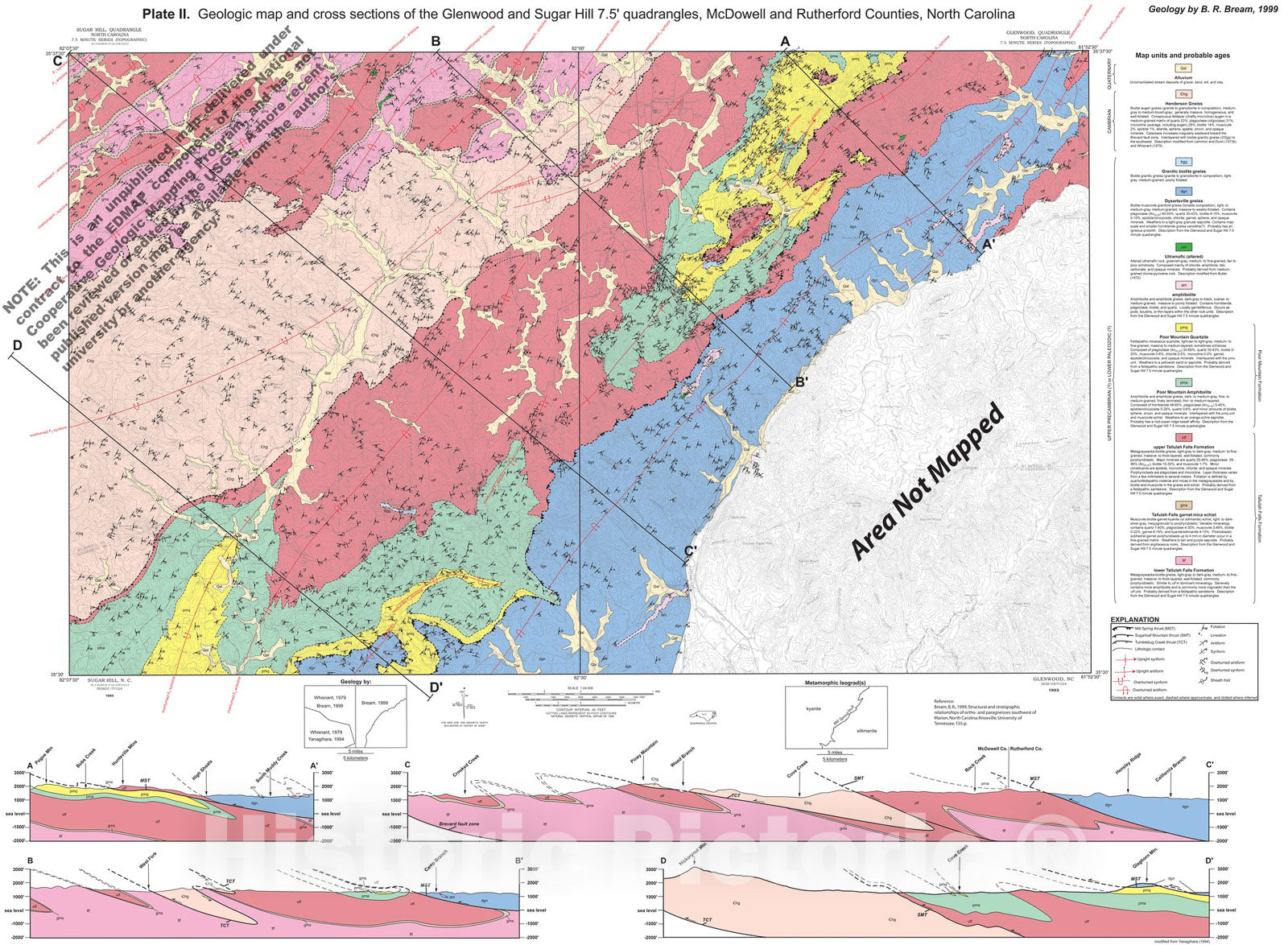 Map : Plate II. Geologic map and cross sections of the Glenwood and Sugar Hill 7.5' quadrangles, McDowell and Rutherford Counties, North Carolina,  Cartography Wall Art :